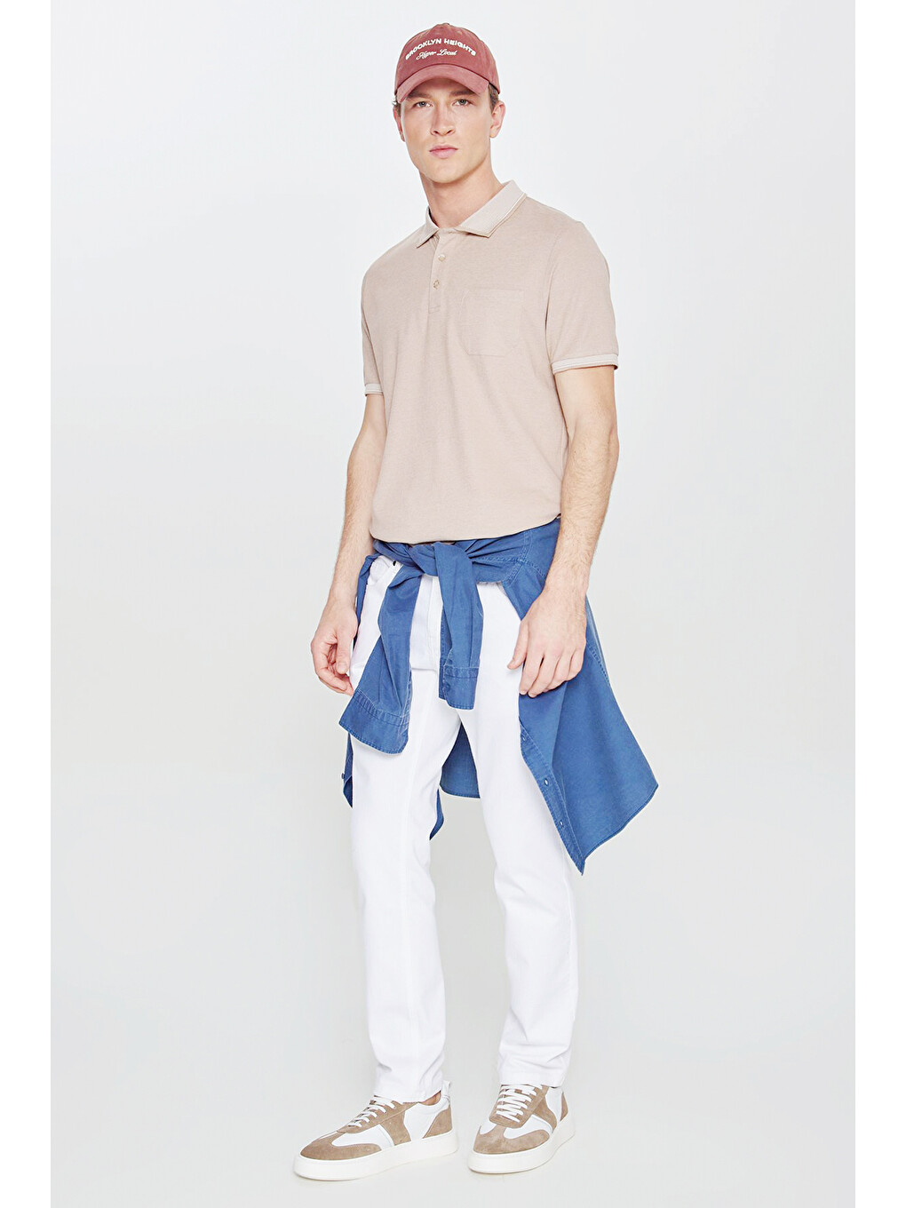 Erkek Bej-Beyaz Pamuklu Comfort Fit Rahat Kesim Polo Yaka Cepli Tişört-2