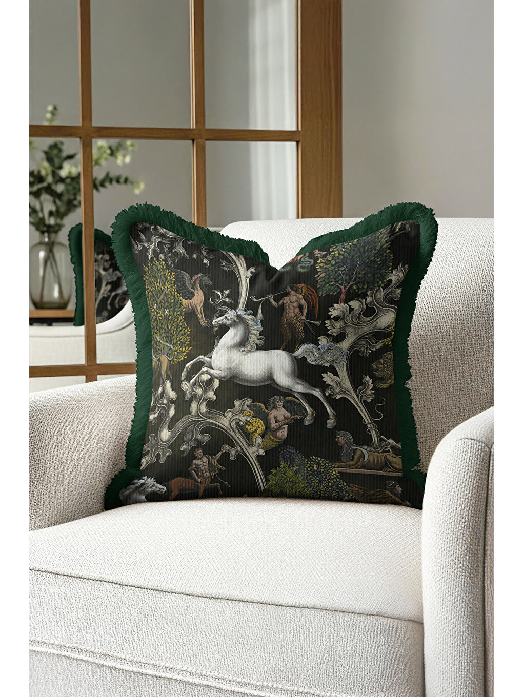 Karışık Mitolojik Lüks Saçaklı Yastık Kılıfı - Fantastik Orman Koyu Yeşil Bohem Püsküllü Kırlent Kılıfı-4