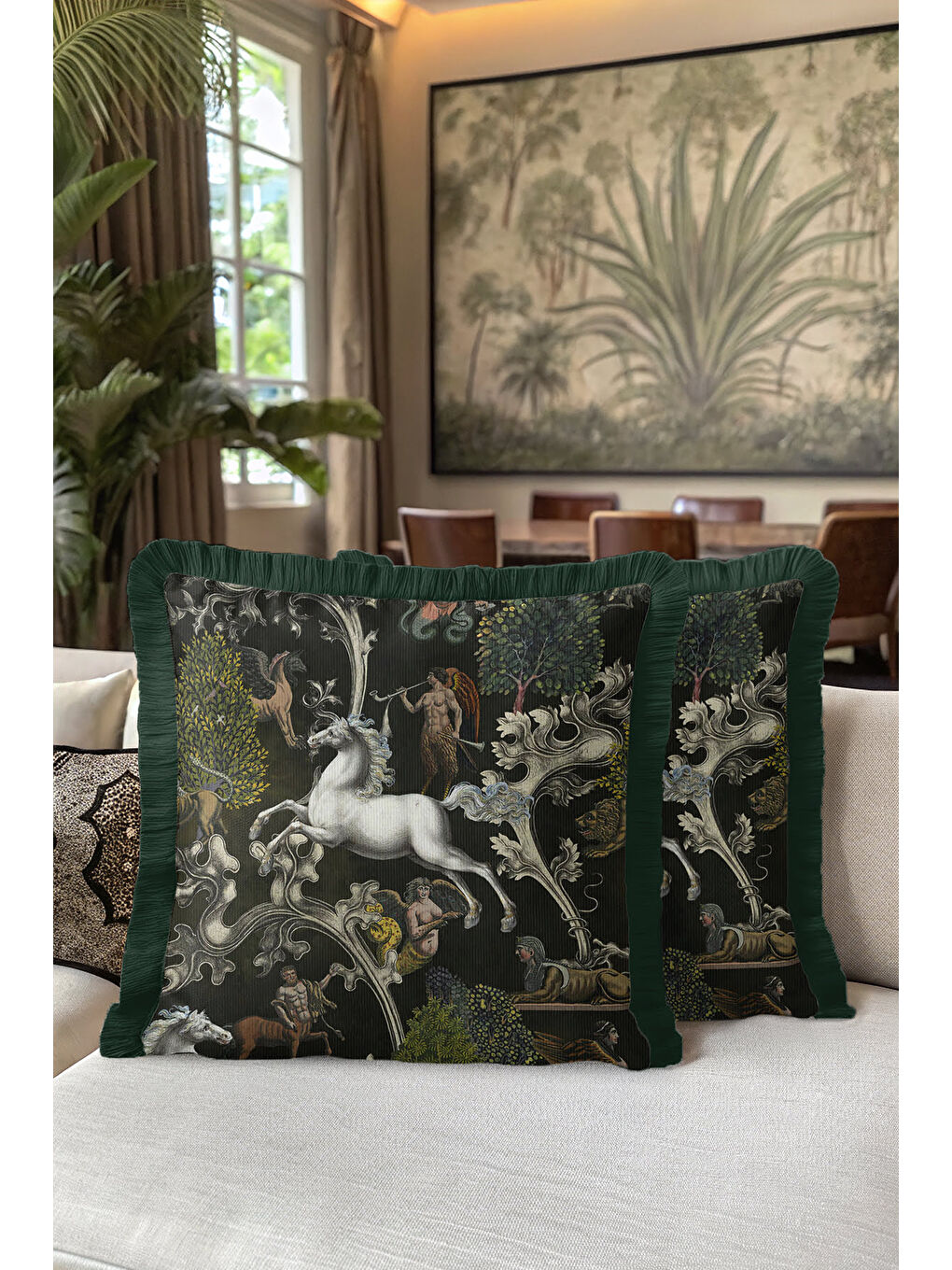Karışık Mitolojik Lüks Saçaklı Yastık Kılıfı - Fantastik Orman Koyu Yeşil Bohem Püsküllü Kırlent Kılıfı-5