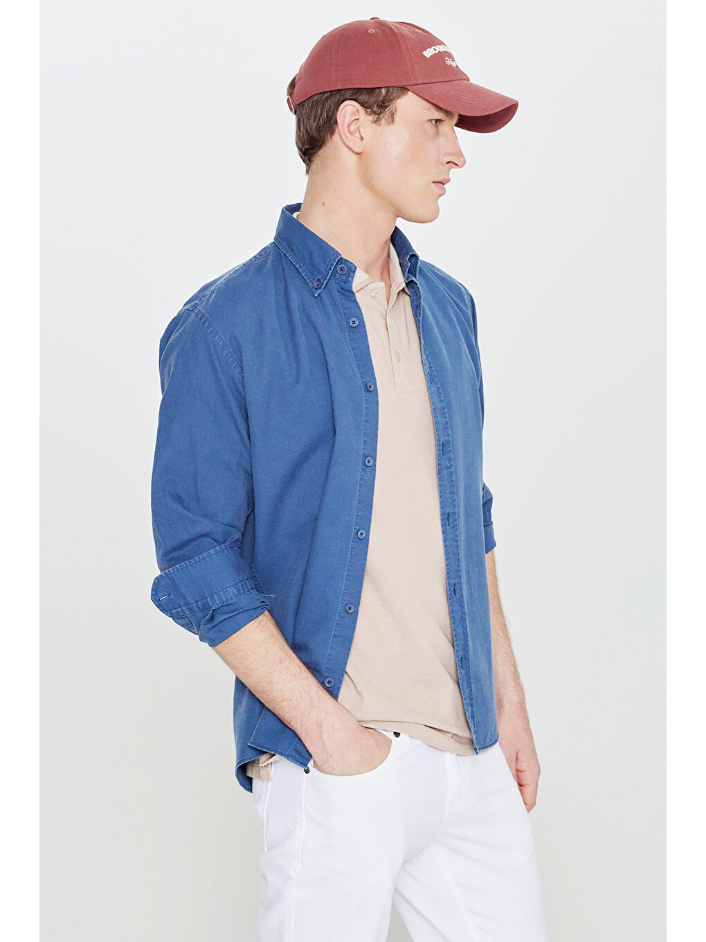 Erkek Bej-Beyaz Pamuklu Comfort Fit Rahat Kesim Polo Yaka Cepli Tişört-4