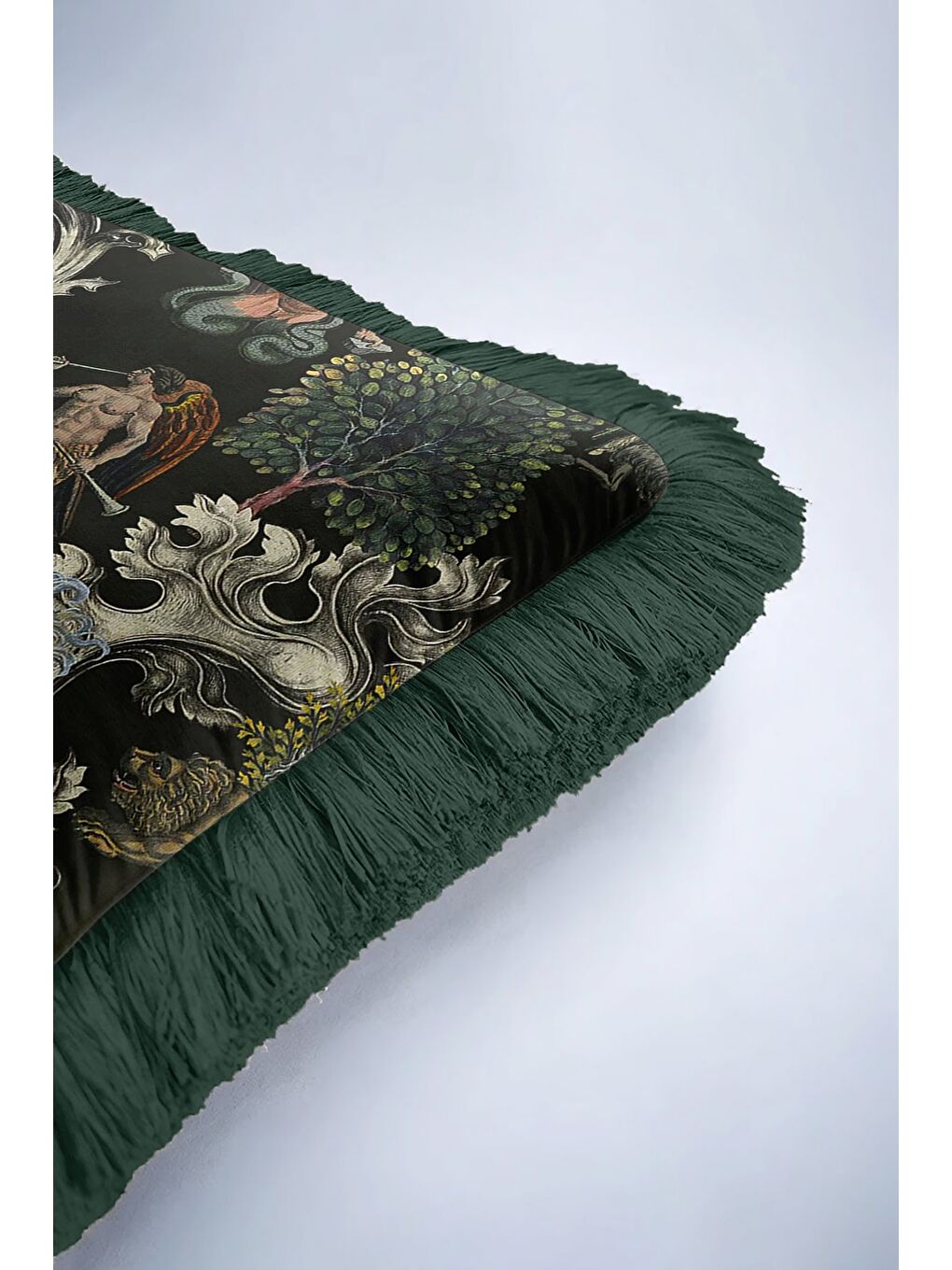 Karışık Mitolojik Lüks Saçaklı Yastık Kılıfı - Fantastik Orman Koyu Yeşil Bohem Püsküllü Kırlent Kılıfı-6