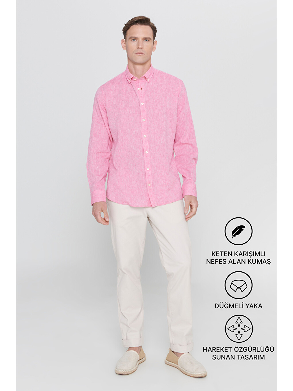 Erkek Fuşya Comfort Fit Rahat Kesim Düğmeli Yaka Casual Keten Gömlek-1