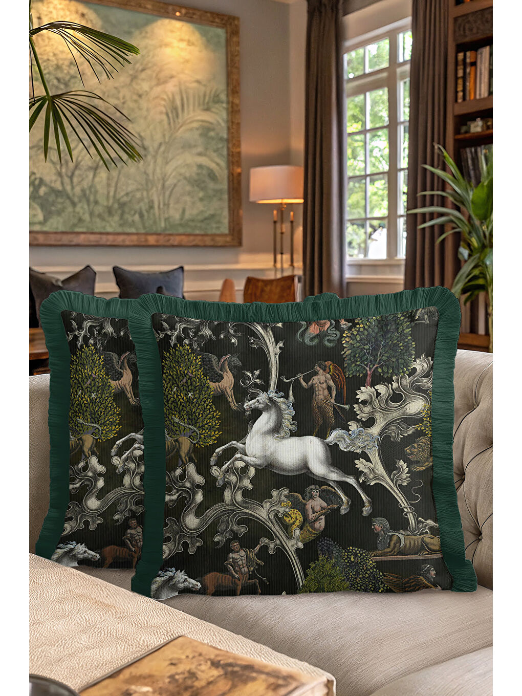 Karışık Mitolojik Lüks Saçaklı Yastık Kılıfı - Fantastik Orman Koyu Yeşil Bohem Püsküllü Kırlent Kılıfı-7