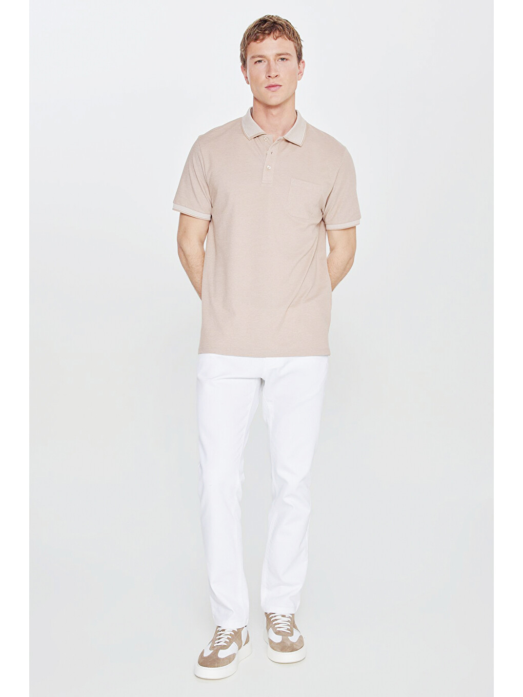 Erkek Bej-Beyaz Pamuklu Comfort Fit Rahat Kesim Polo Yaka Cepli Tişört-5