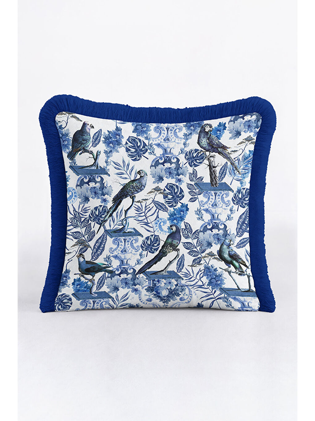 Karışık Zarif Kuş Motifli Saçaklı Yastık Kılıfı - Mavi Barok Bohem Çiçekli Püsküllü Kırlent Kılıfı