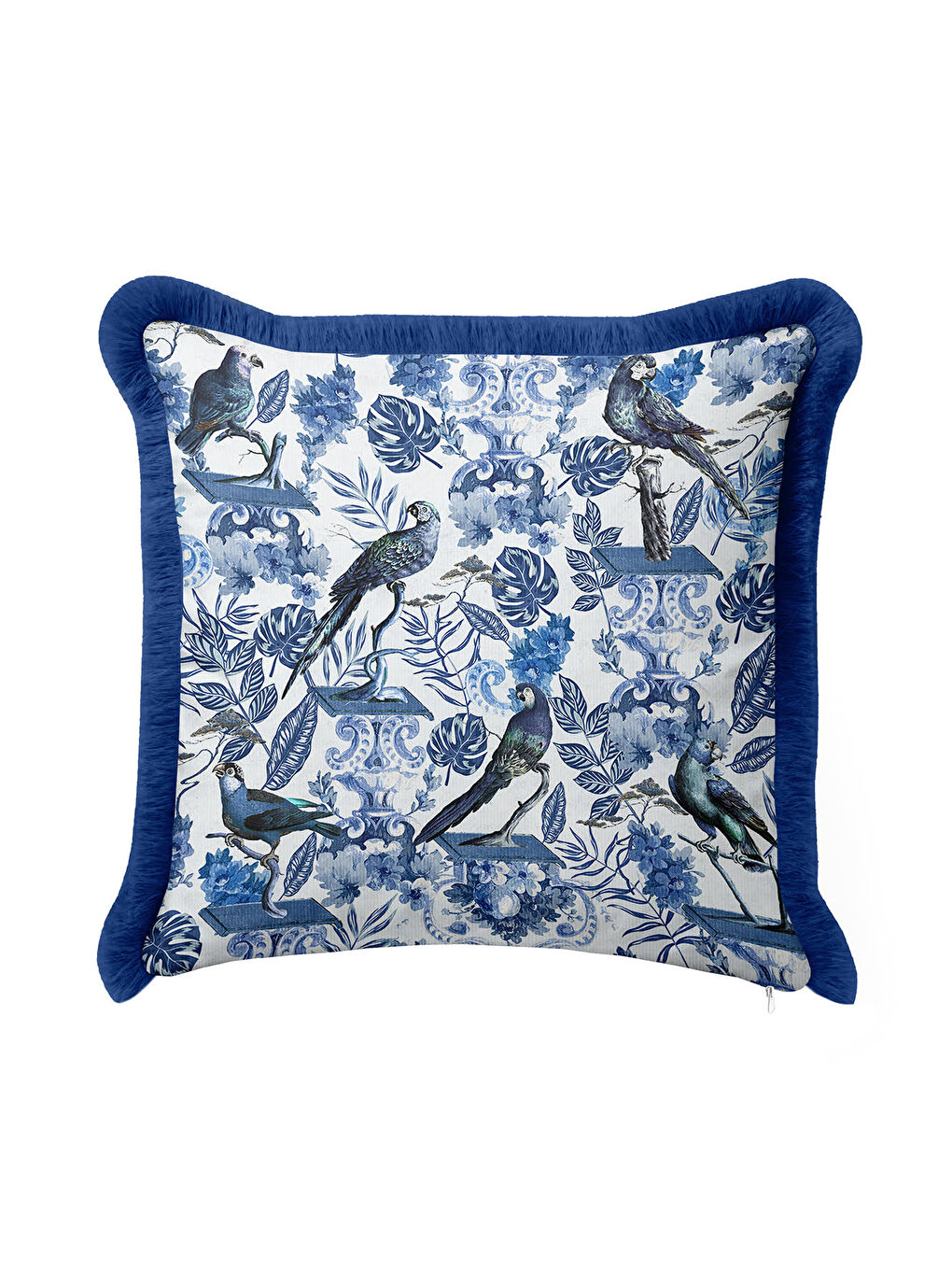 Karışık Zarif Kuş Motifli Saçaklı Yastık Kılıfı - Mavi Barok Bohem Çiçekli Püsküllü Kırlent Kılıfı-1