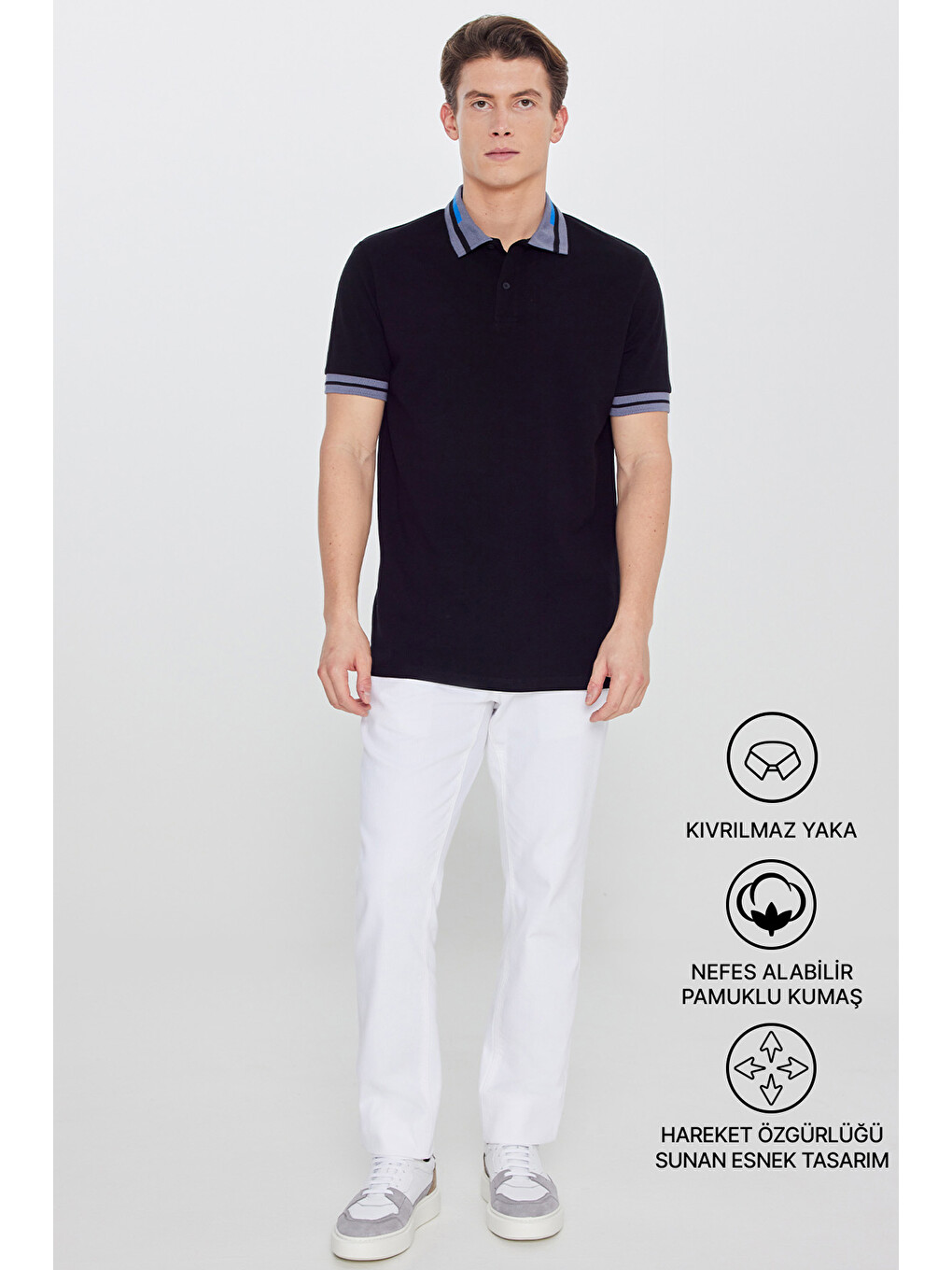 Erkek Siyah Slim Fit Dar Kesim %100 Pamuk Polo Yaka Tişört-1