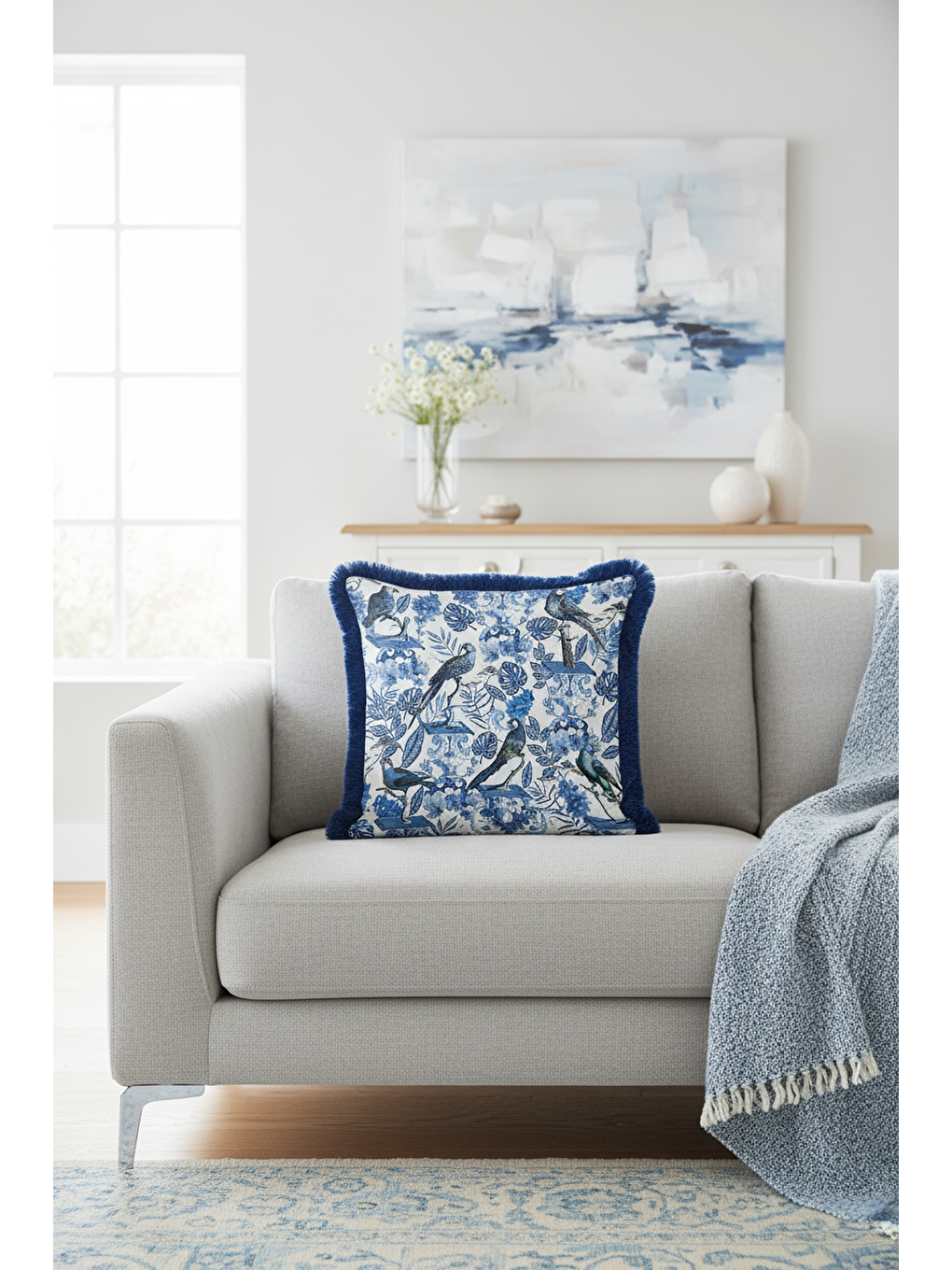 Karışık Zarif Kuş Motifli Saçaklı Yastık Kılıfı - Mavi Barok Bohem Çiçekli Püsküllü Kırlent Kılıfı-2