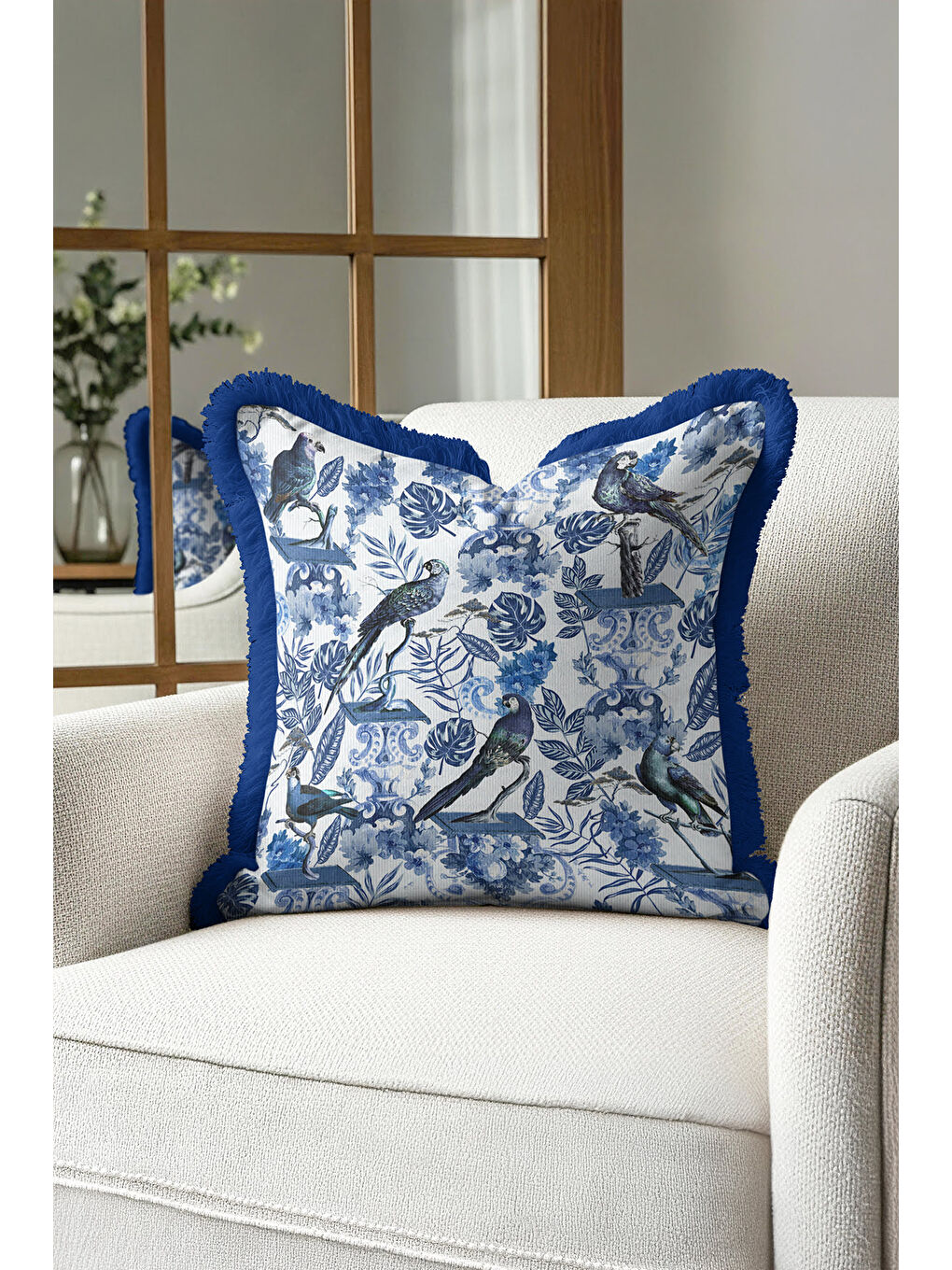 Karışık Zarif Kuş Motifli Saçaklı Yastık Kılıfı - Mavi Barok Bohem Çiçekli Püsküllü Kırlent Kılıfı-3