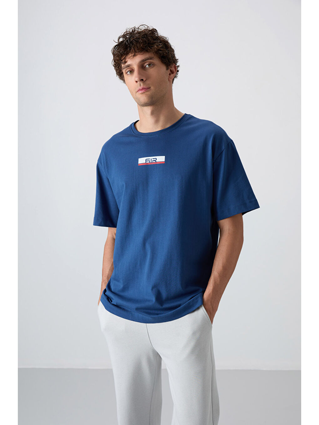 Mavi %100 Pamuk Kalın Yumuşak Dokulu Oversize Fit Baskılı Erkek Tişört - 88359