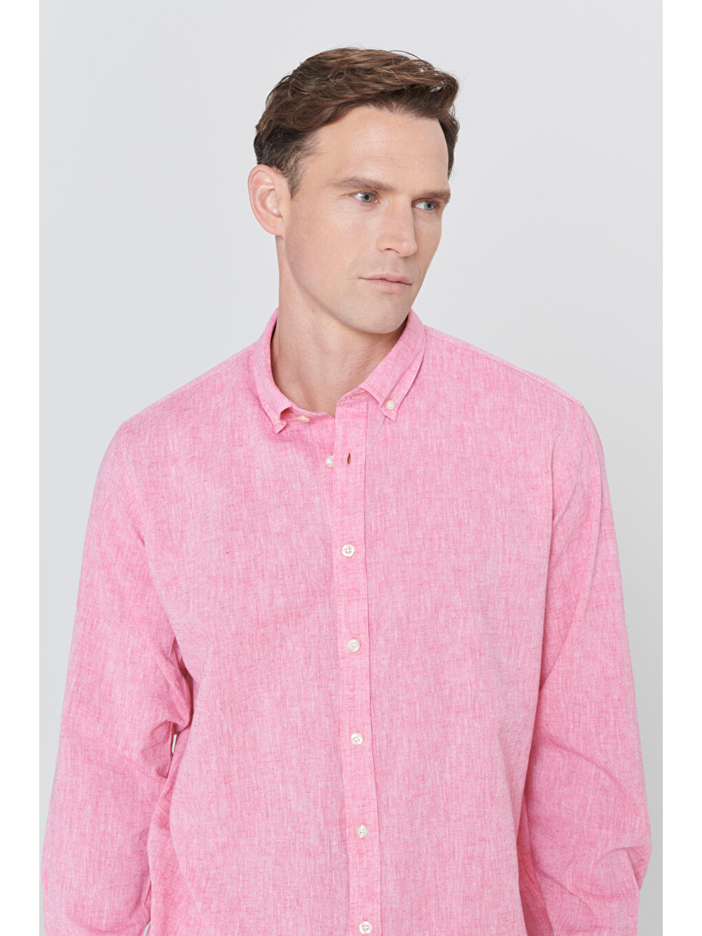 Erkek Fuşya Comfort Fit Rahat Kesim Düğmeli Yaka Casual Keten Gömlek-6