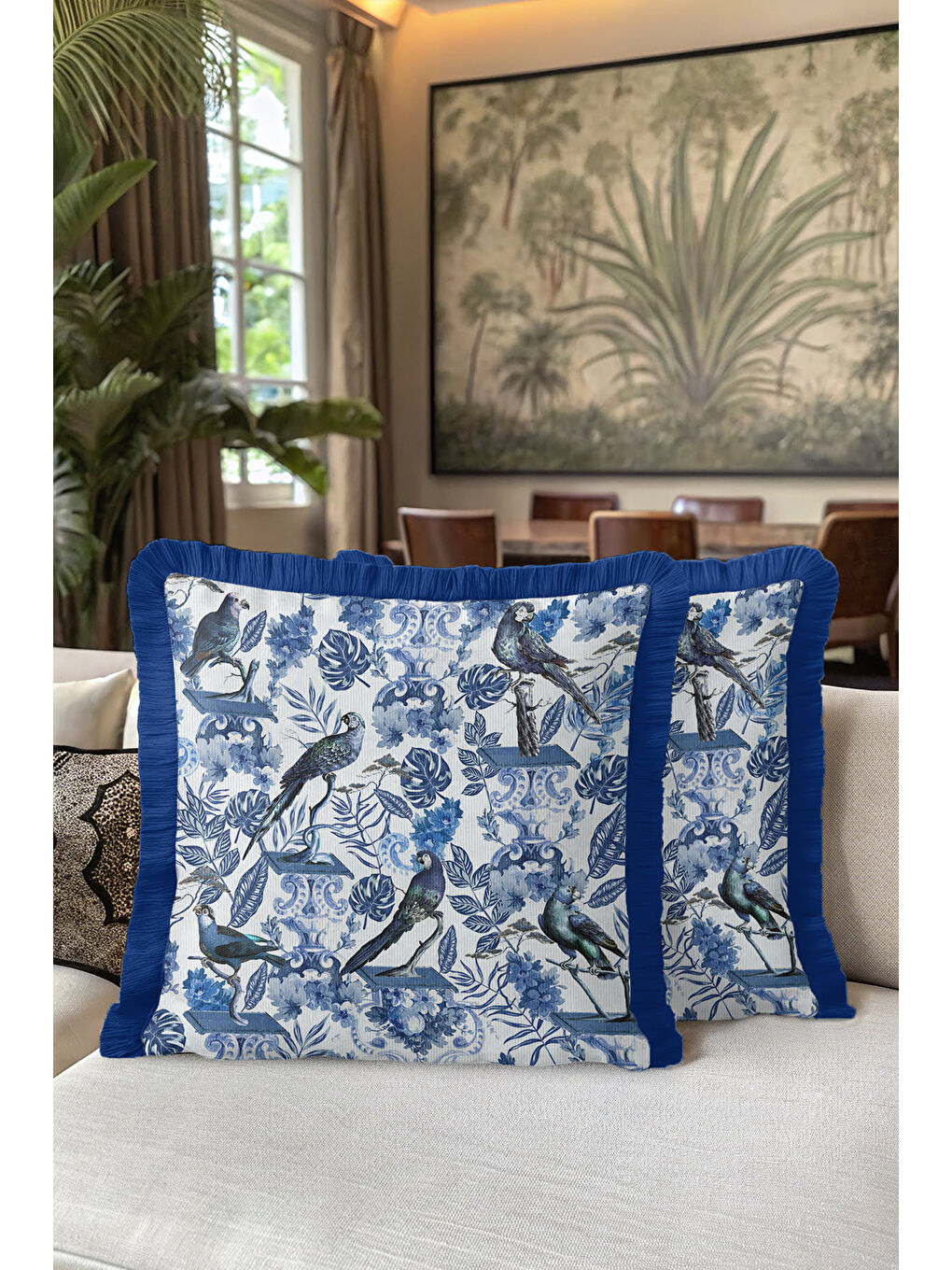 Karışık Zarif Kuş Motifli Saçaklı Yastık Kılıfı - Mavi Barok Bohem Çiçekli Püsküllü Kırlent Kılıfı-5