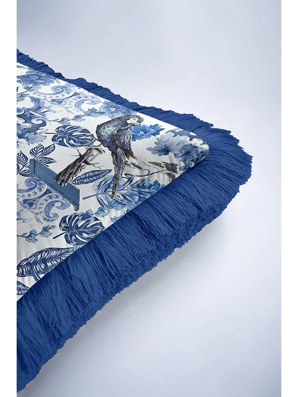 Karışık Zarif Kuş Motifli Saçaklı Yastık Kılıfı - Mavi Barok Bohem Çiçekli Püsküllü Kırlent Kılıfı-6
