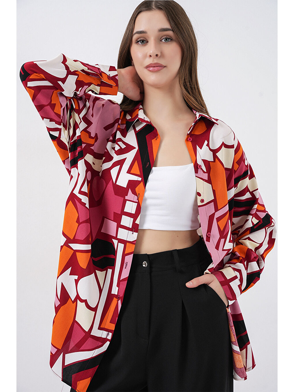 3721 Grafik Desenli Gömlek - Bordo