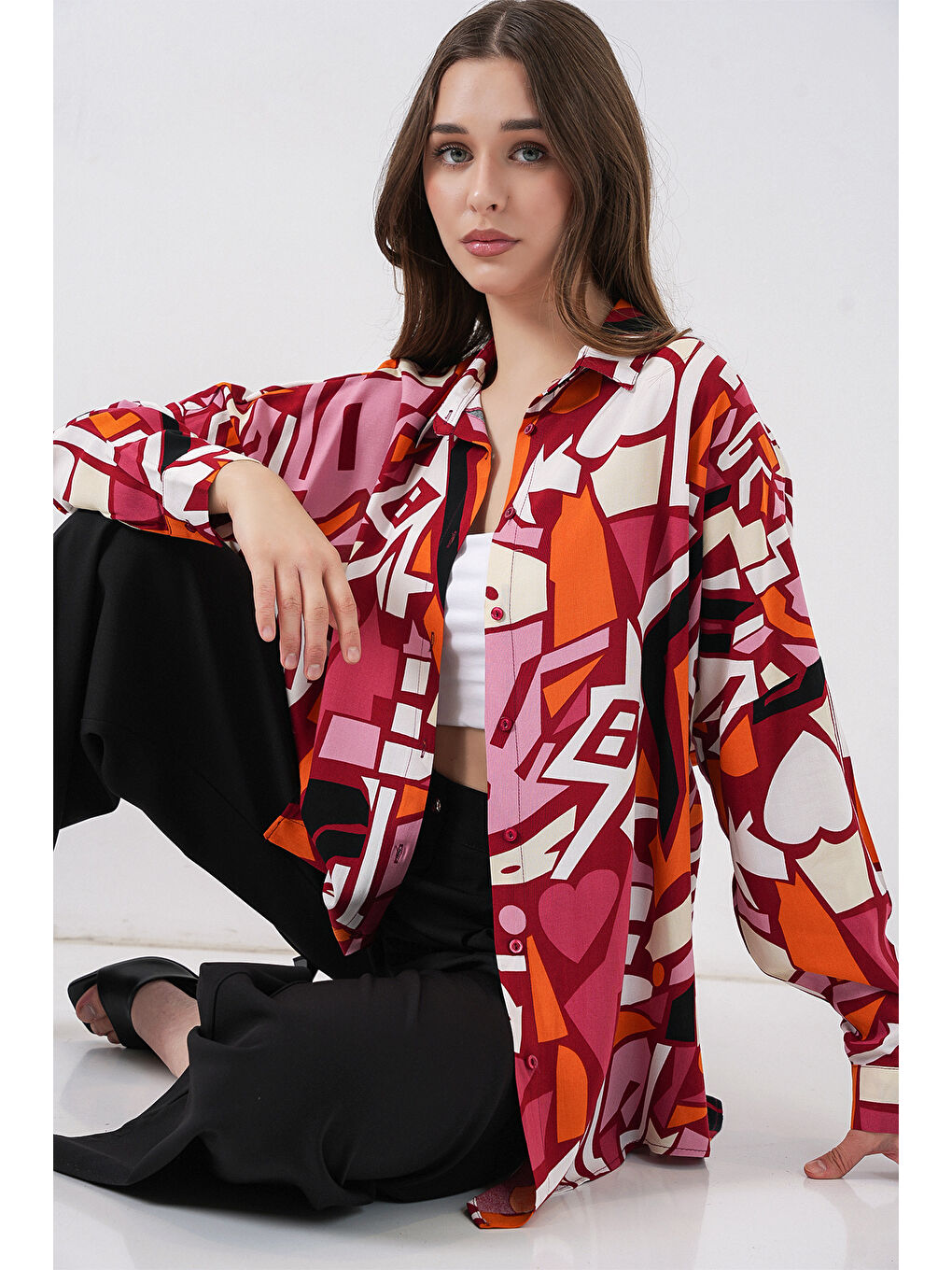 3721 Grafik Desenli Gömlek - Bordo-2