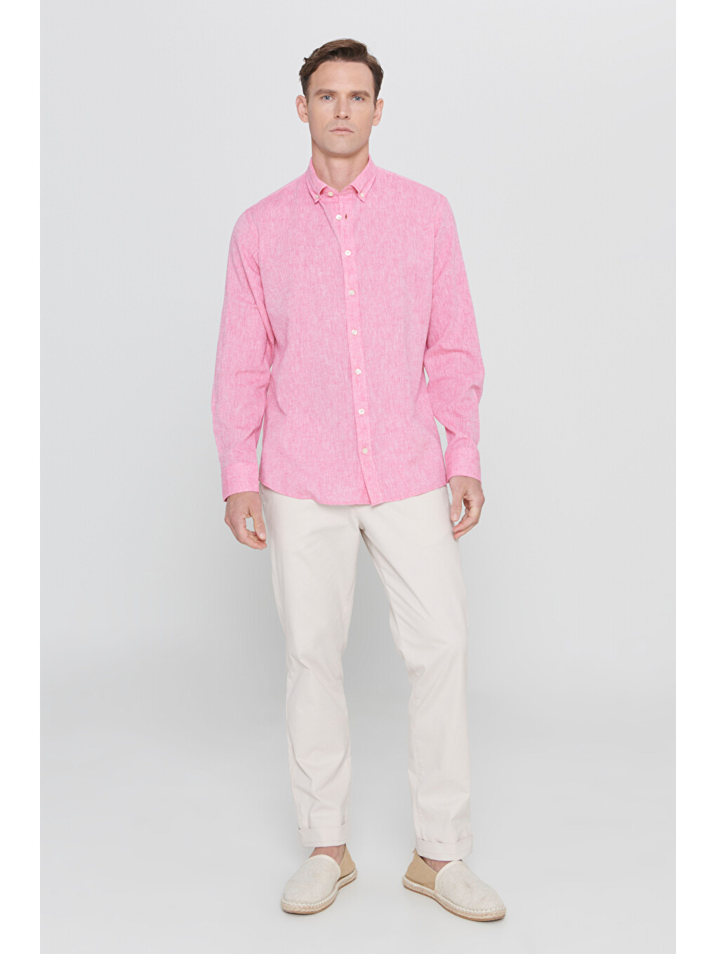 Erkek Fuşya Comfort Fit Rahat Kesim Düğmeli Yaka Casual Keten Gömlek-8