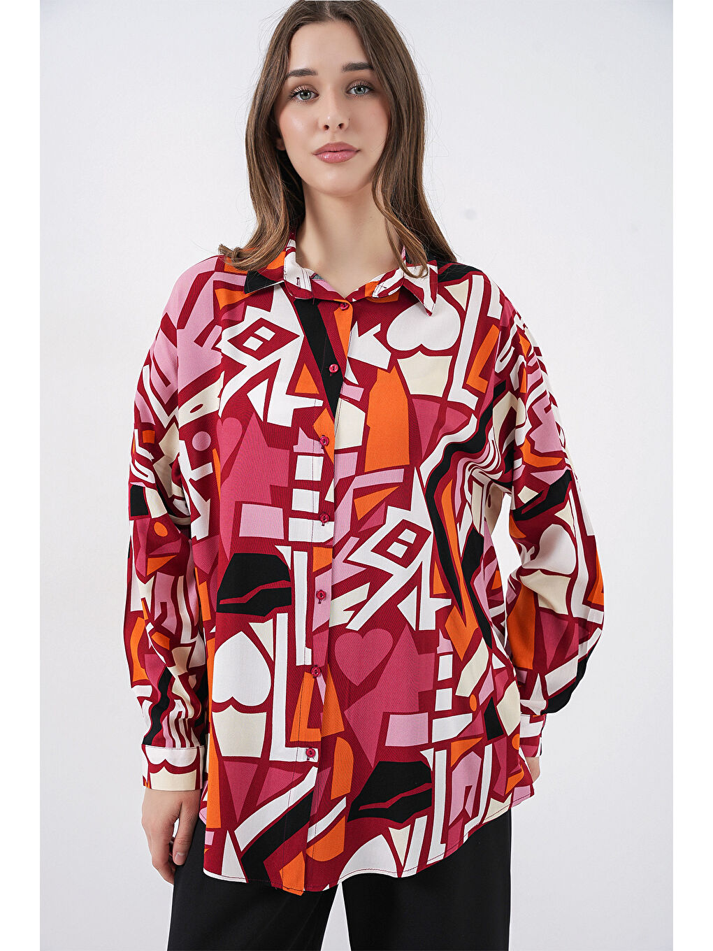 3721 Grafik Desenli Gömlek - Bordo-3