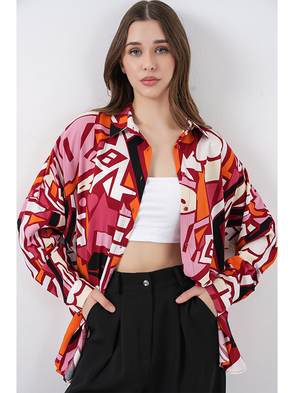 3721 Grafik Desenli Gömlek - Bordo-4