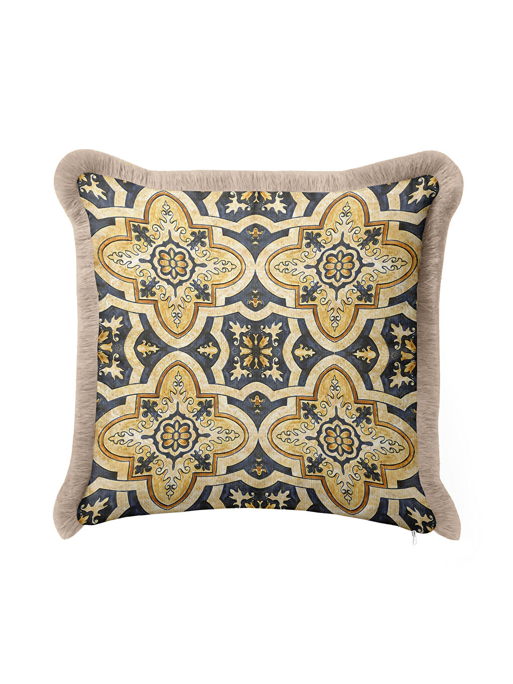 Karışık Barok İhtişamlı Saçaklı Yastık Kılıfı - Akdeniz Rustik Lacivert Altın Renkli Püsküllü Kırlent Kılıfı