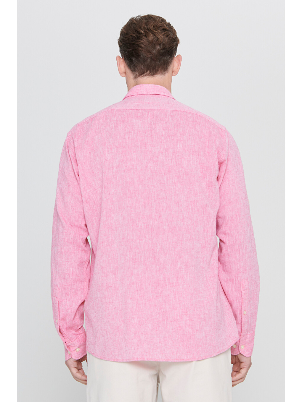 Erkek Fuşya Comfort Fit Rahat Kesim Düğmeli Yaka Casual Keten Gömlek-9