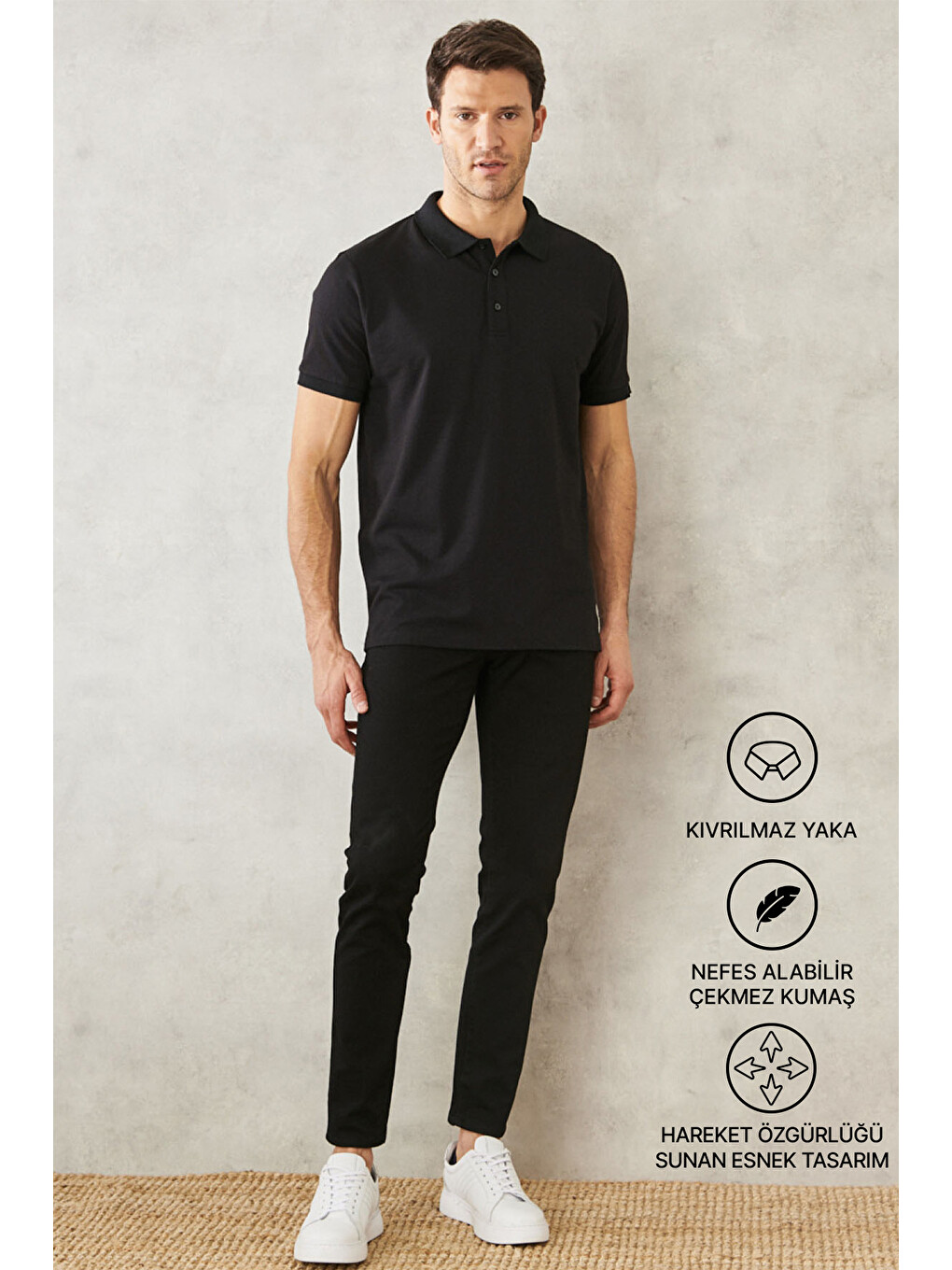Erkek Siyah-Siyah Slim Fit Dar Kesim Kıvrılmaz Polo Yaka Kısa Kollu Tişört-1
