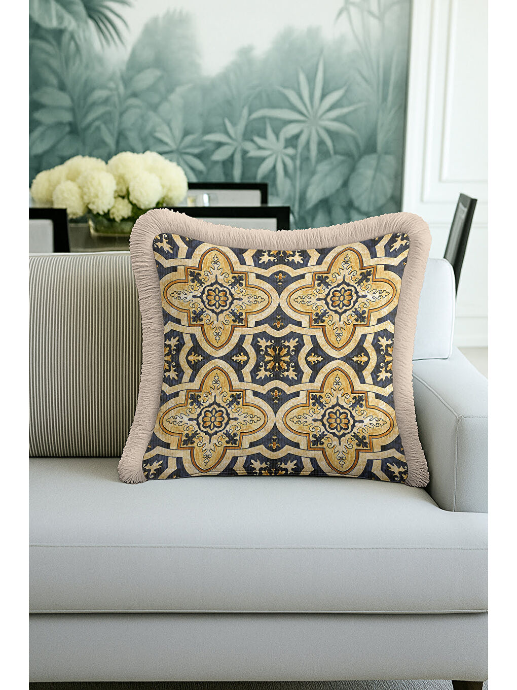 Karışık Barok İhtişamlı Saçaklı Yastık Kılıfı - Akdeniz Rustik Lacivert Altın Renkli Püsküllü Kırlent Kılıfı-1