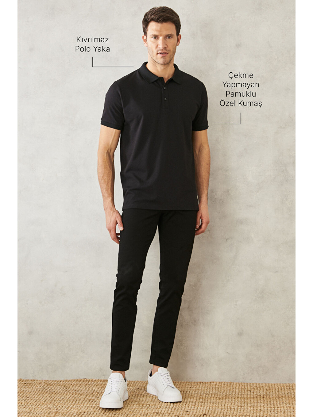 Erkek Siyah-Siyah Slim Fit Dar Kesim Kıvrılmaz Polo Yaka Kısa Kollu Tişört-2