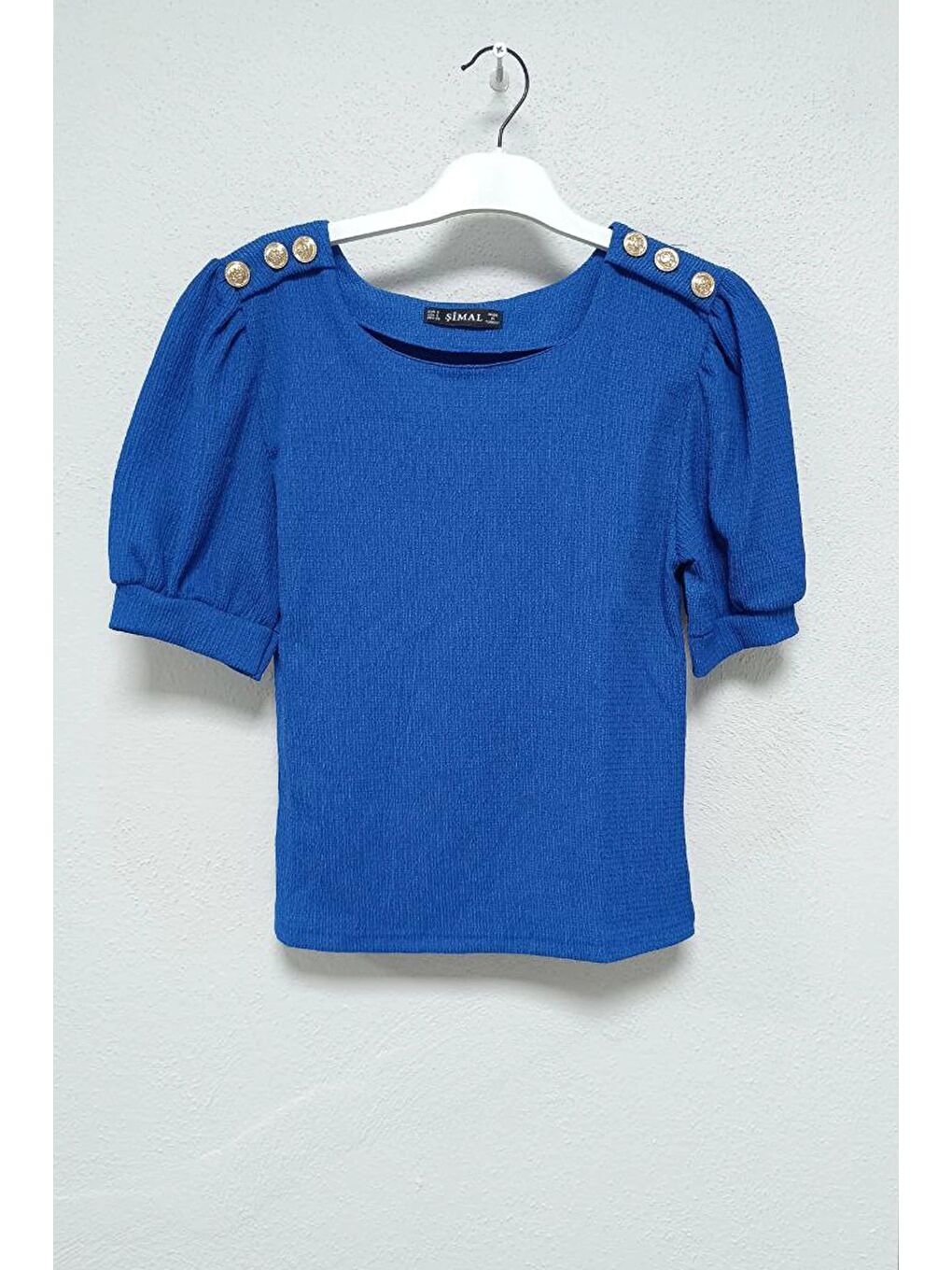 Saks Mavisi Kayık Yaka Düğme Detaylı Kısa Kol Bluz