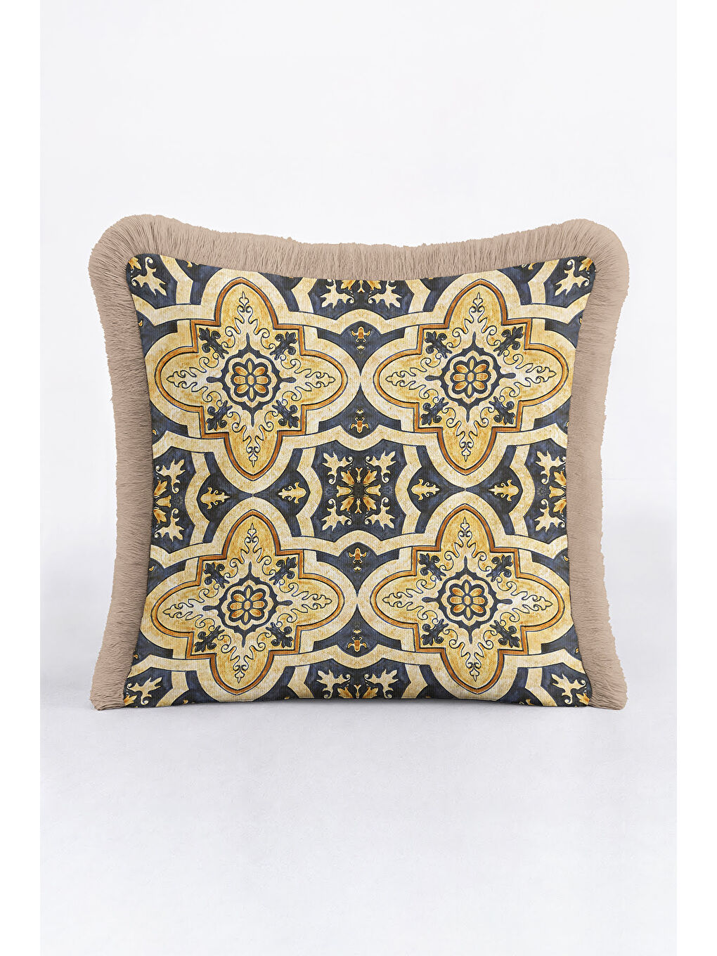 Karışık Barok İhtişamlı Saçaklı Yastık Kılıfı - Akdeniz Rustik Lacivert Altın Renkli Püsküllü Kırlent Kılıfı-2