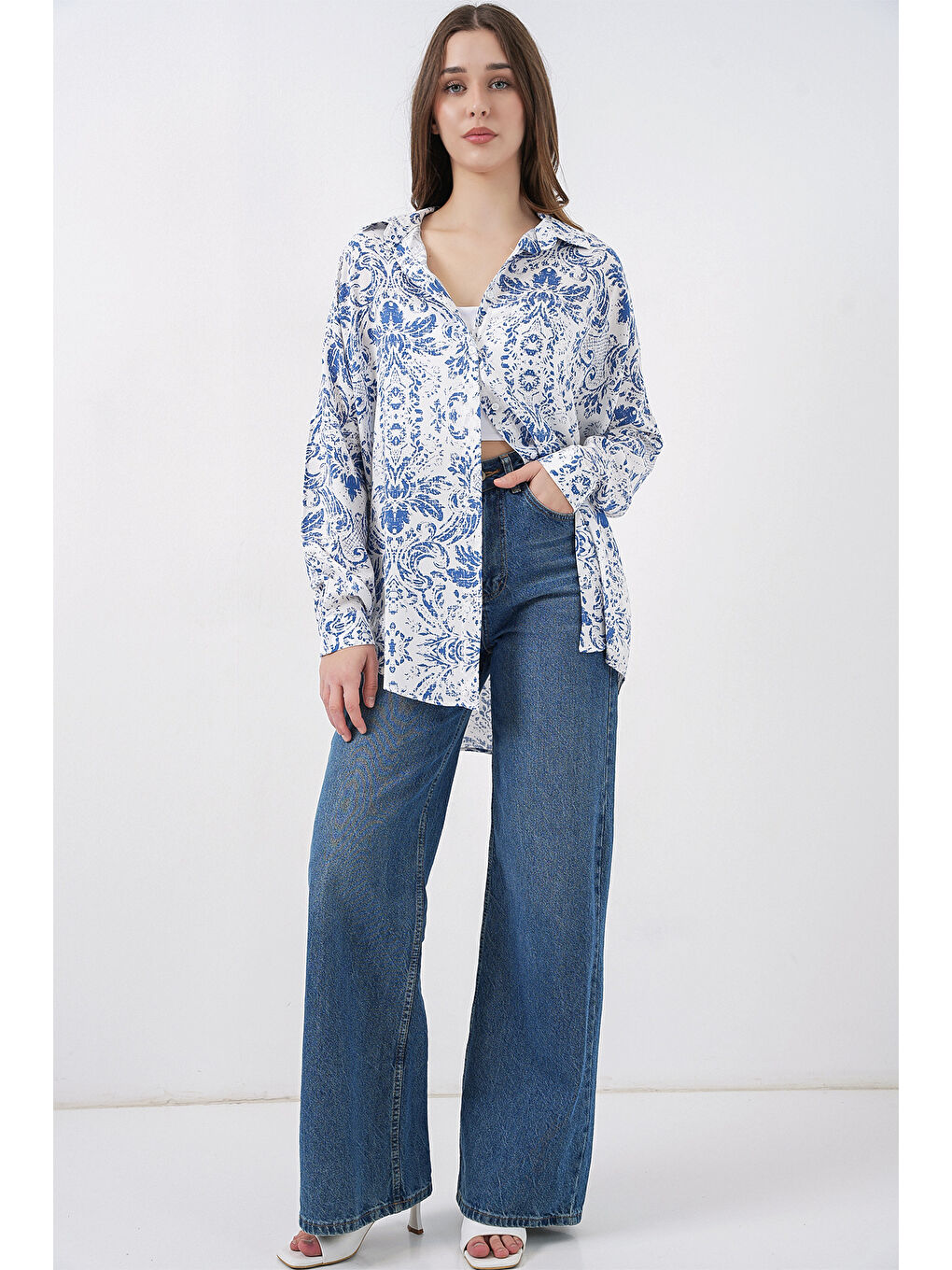 3721 Grafik Desenli Gömlek - Açık Mavi-1