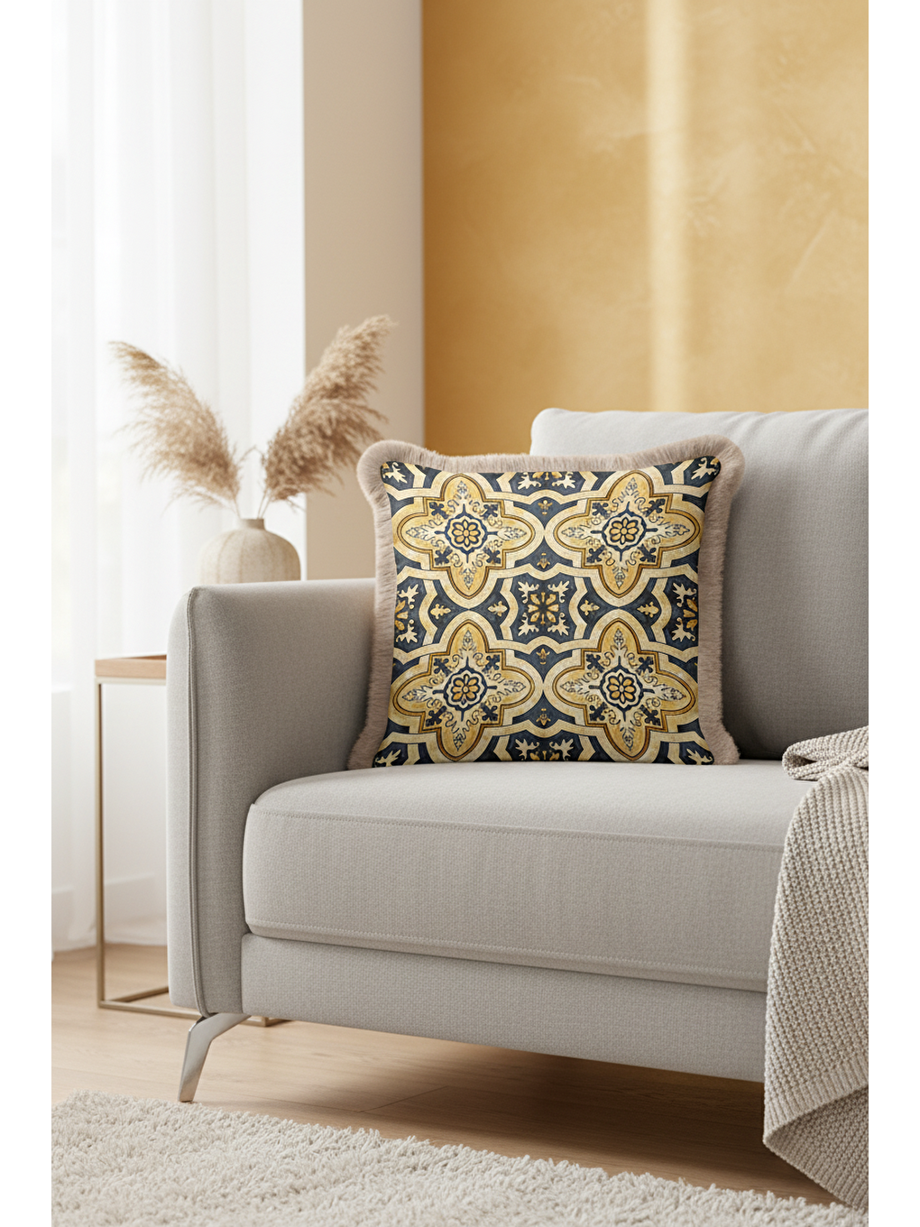 Karışık Barok İhtişamlı Saçaklı Yastık Kılıfı - Akdeniz Rustik Lacivert Altın Renkli Püsküllü Kırlent Kılıfı-3