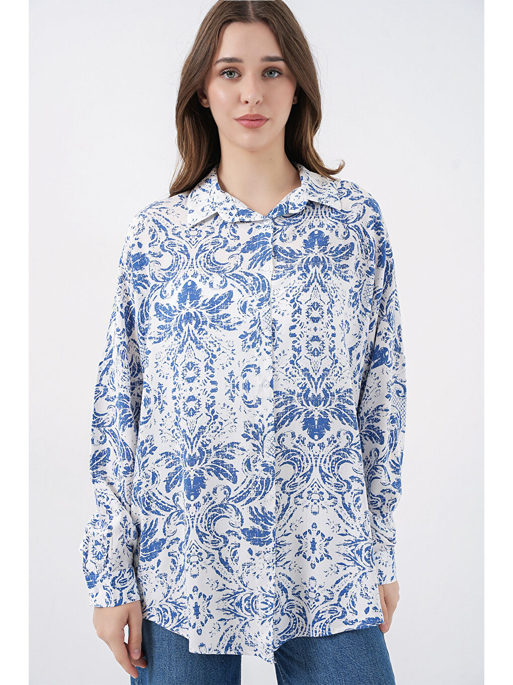 3721 Grafik Desenli Gömlek - Açık Mavi-3