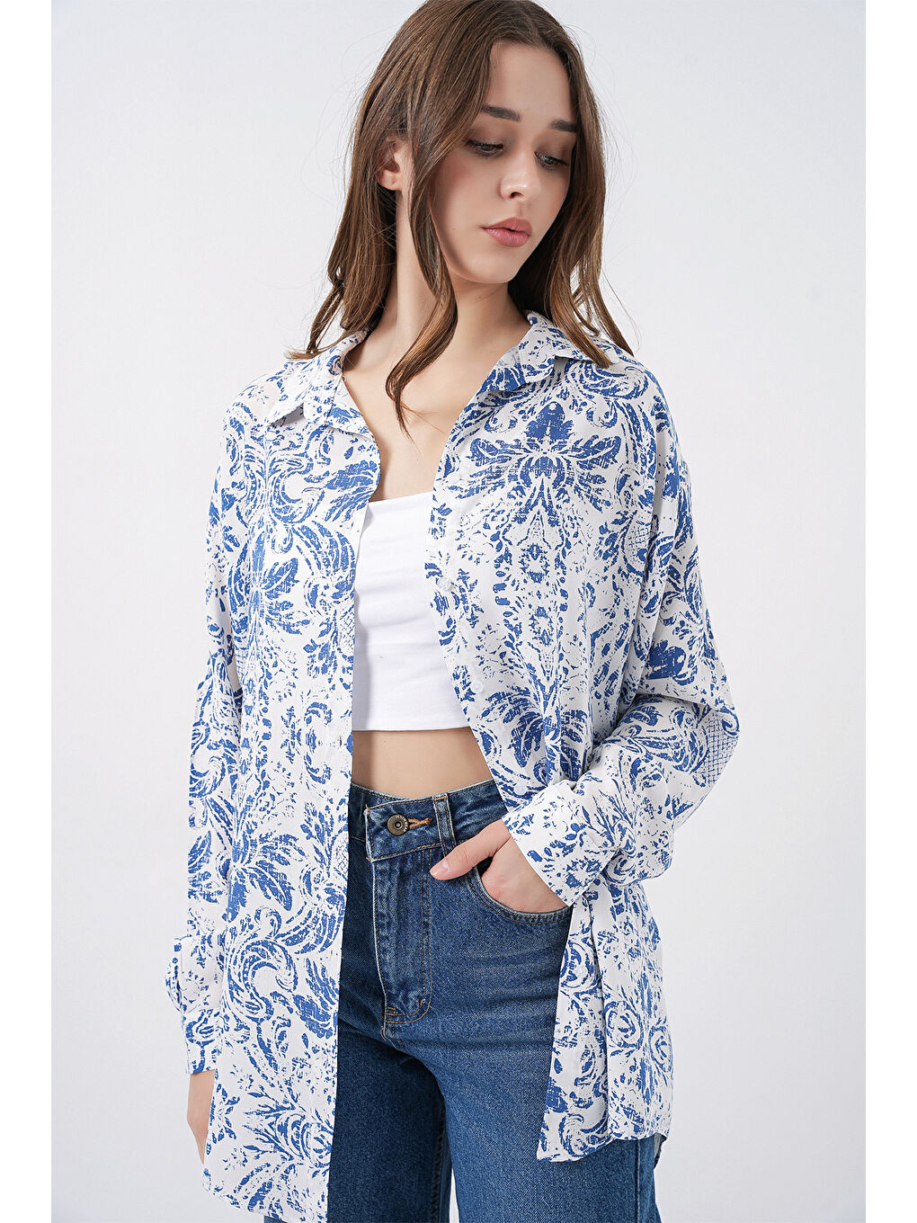 3721 Grafik Desenli Gömlek - Açık Mavi-4