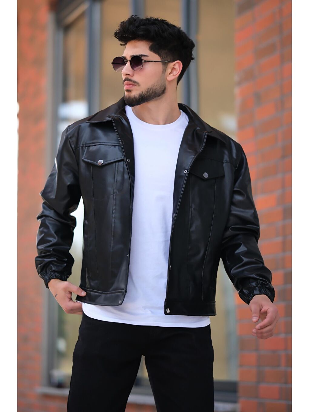 Siyah Kolu Lastikli Çıtçıtlı Erkek Suni Deri Mont STR 5021-50311-1