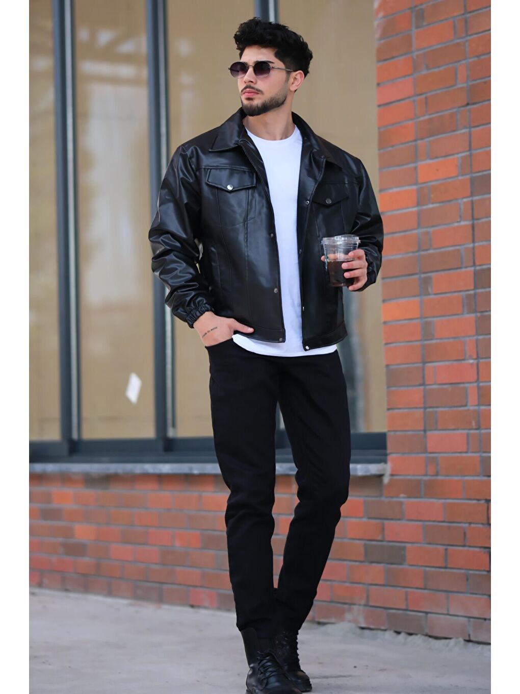 Siyah Kolu Lastikli Çıtçıtlı Erkek Suni Deri Mont STR 5021-50311-2