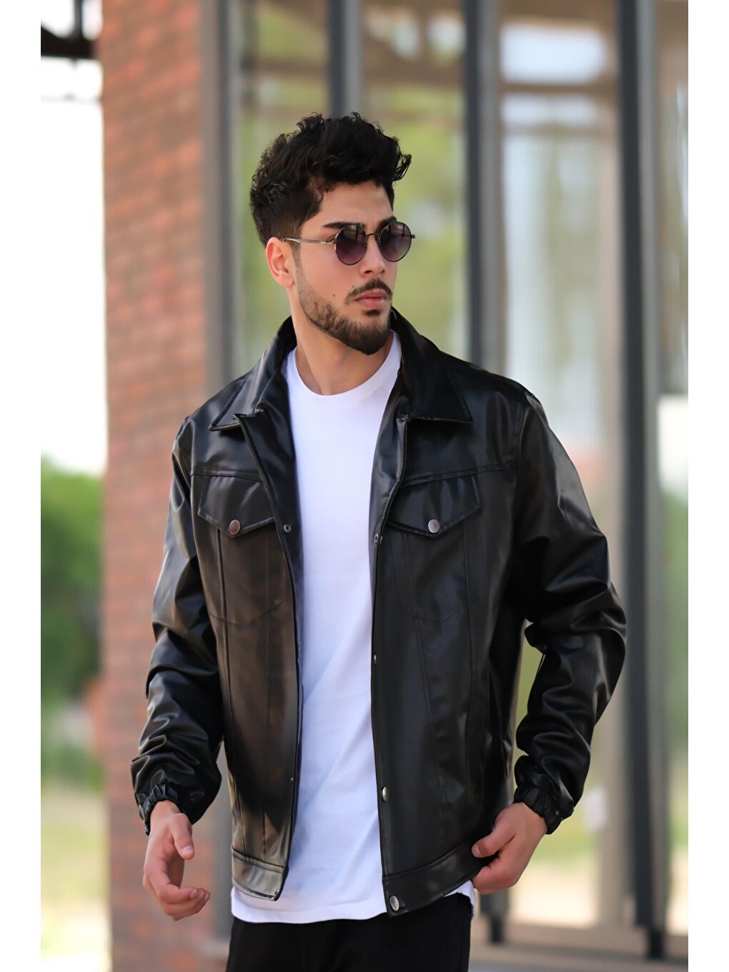 Siyah Kolu Lastikli Çıtçıtlı Erkek Suni Deri Mont STR 5021-50311-3