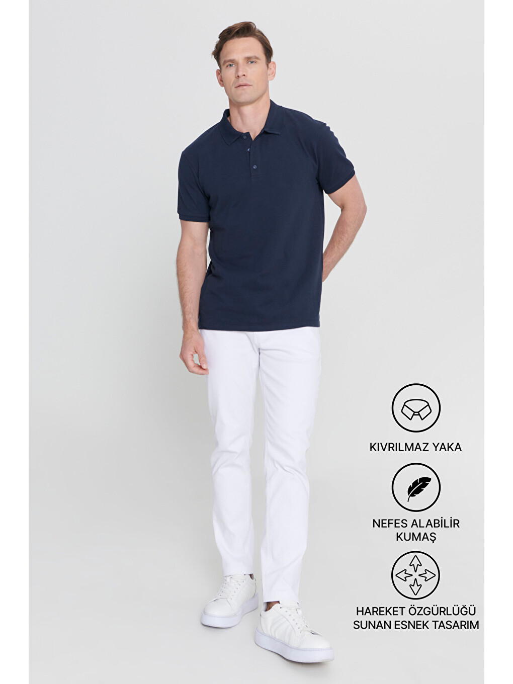 Erkek Prusya Lacivert Slim Fit Dar Kesim Polo Yaka %100 Pamuk Kısa Kollu Tişört-4