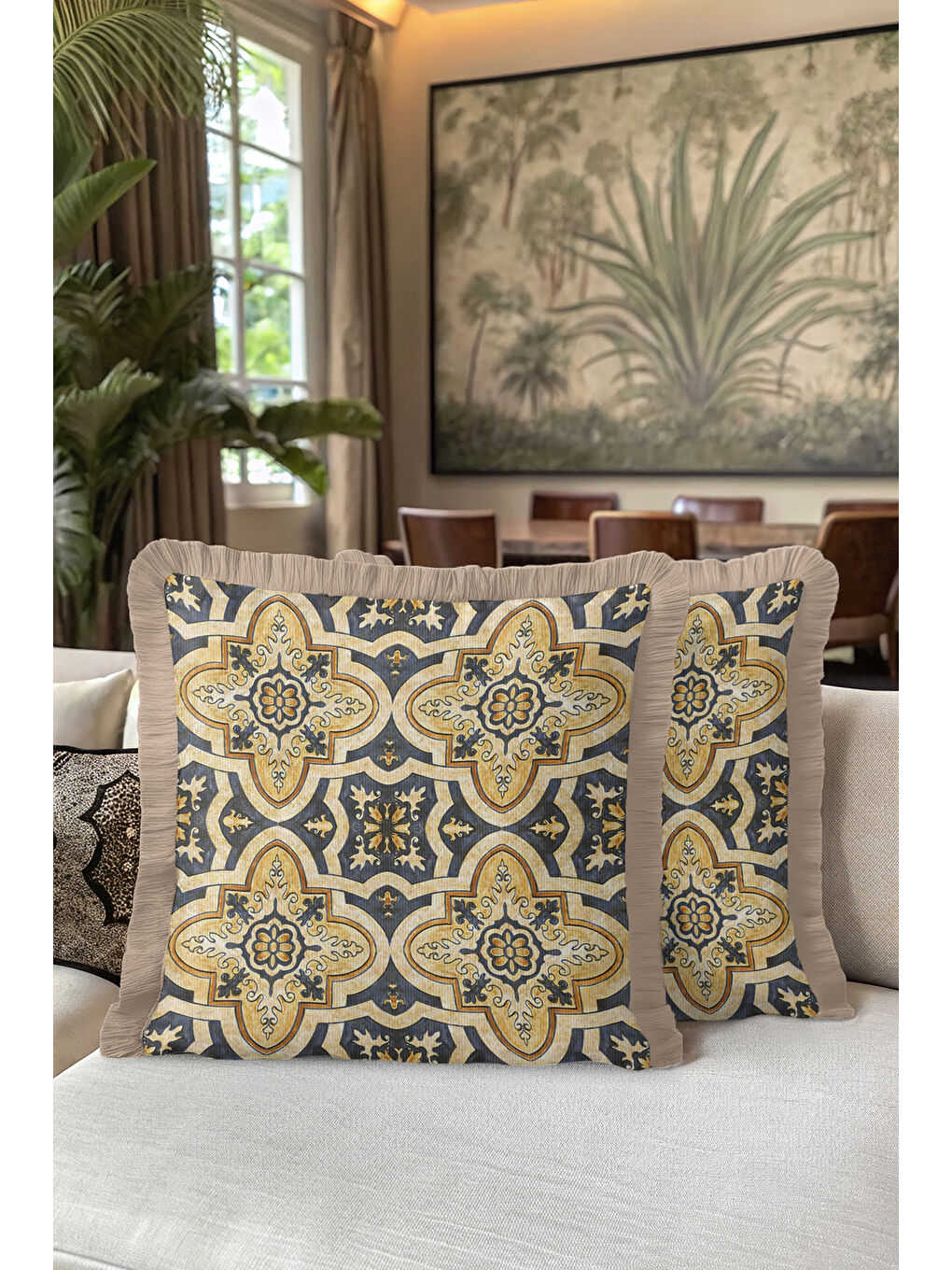 Karışık Barok İhtişamlı Saçaklı Yastık Kılıfı - Akdeniz Rustik Lacivert Altın Renkli Püsküllü Kırlent Kılıfı-5
