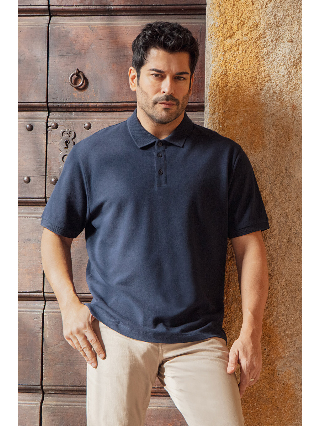 Erkek Prusya Lacivert Slim Fit Dar Kesim Polo Yaka %100 Pamuk Kısa Kollu Tişört-5