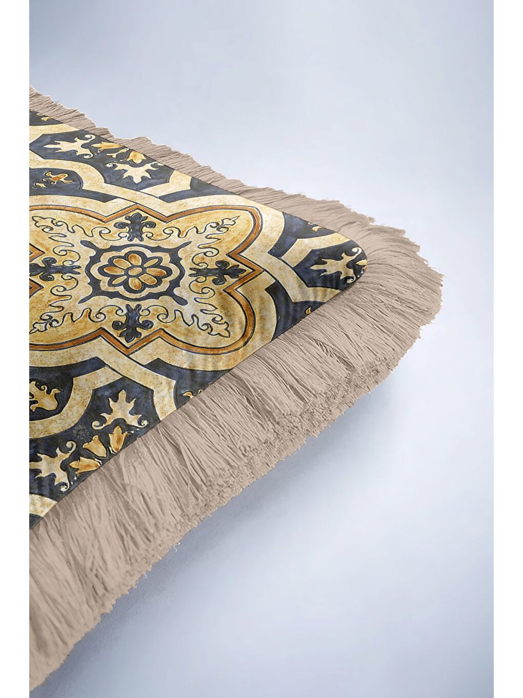 Karışık Barok İhtişamlı Saçaklı Yastık Kılıfı - Akdeniz Rustik Lacivert Altın Renkli Püsküllü Kırlent Kılıfı-6