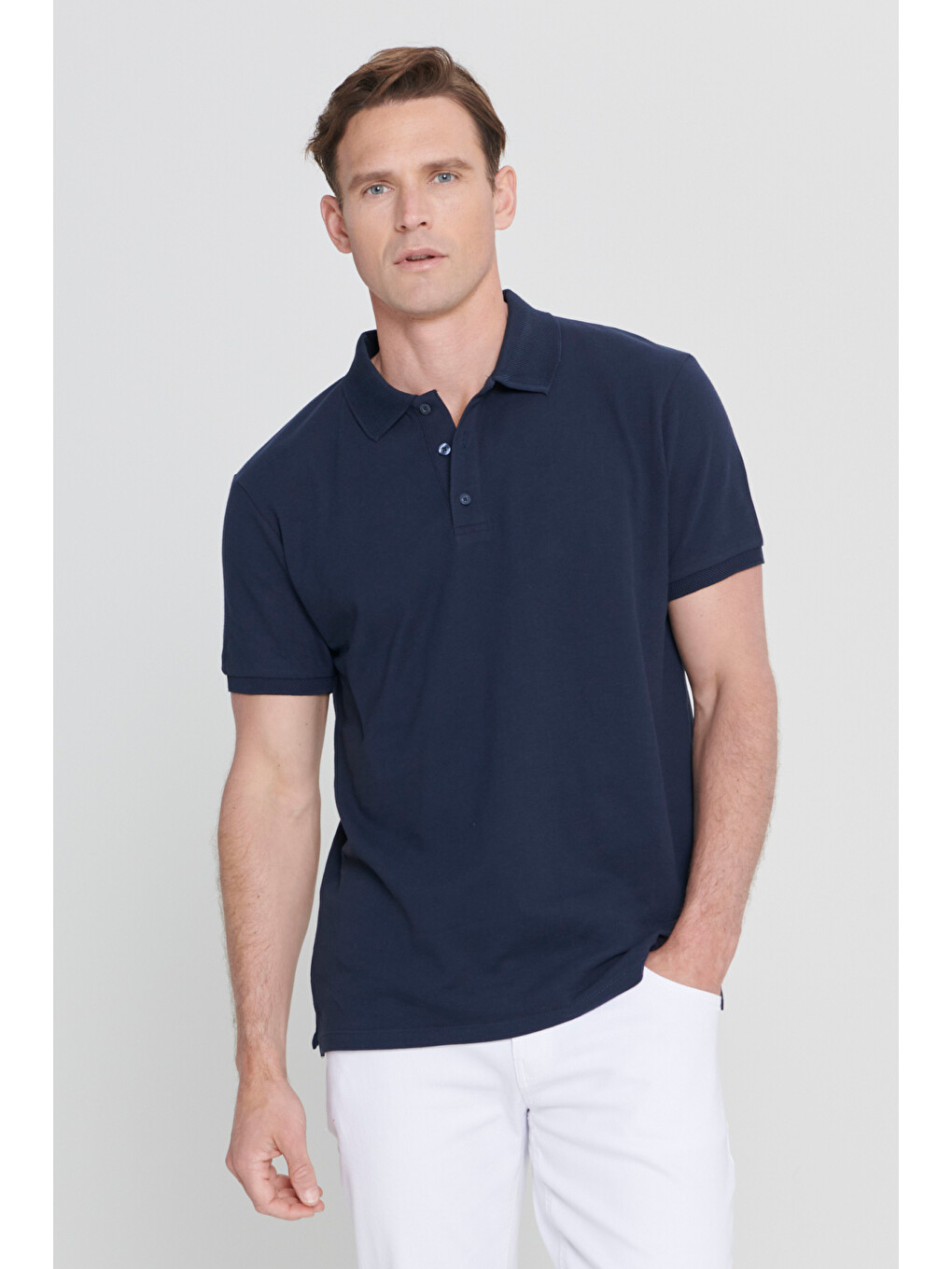 Erkek Prusya Lacivert Slim Fit Dar Kesim Polo Yaka %100 Pamuk Kısa Kollu Tişört-6
