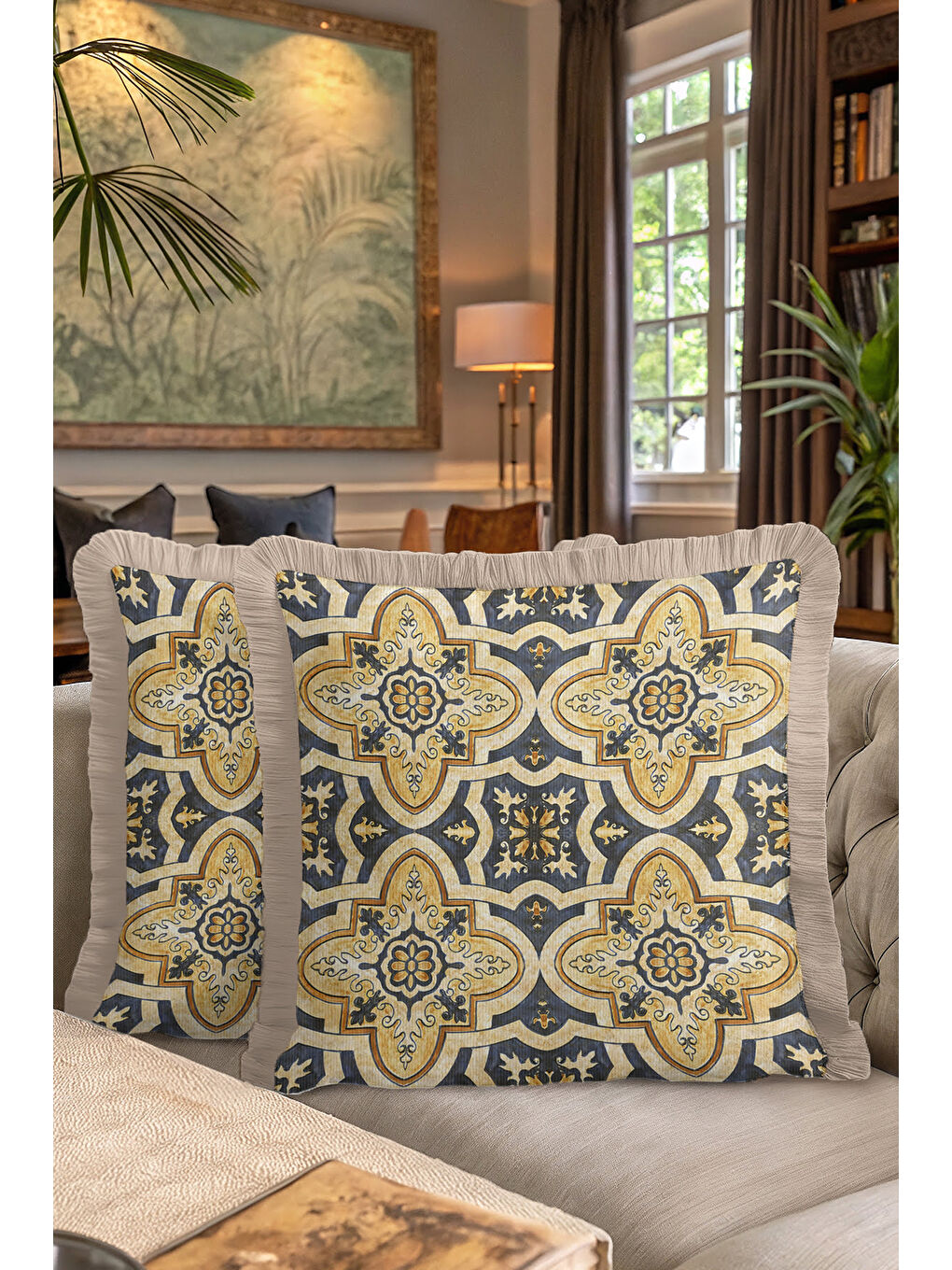 Karışık Barok İhtişamlı Saçaklı Yastık Kılıfı - Akdeniz Rustik Lacivert Altın Renkli Püsküllü Kırlent Kılıfı-7