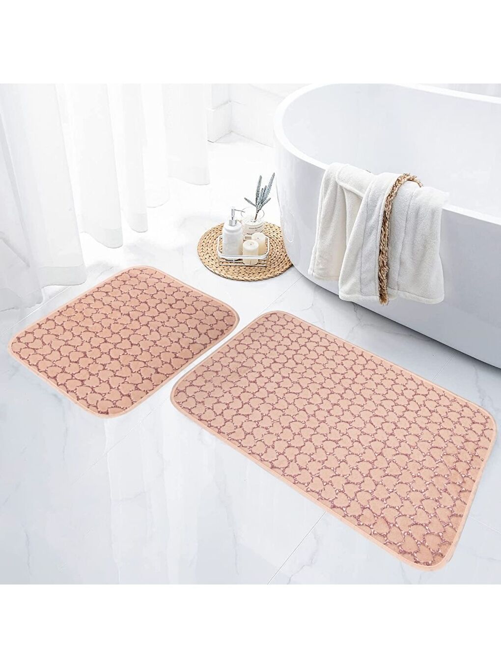 Pembe Leila Kalp Embos 2 li Banyo Paspası Pudra