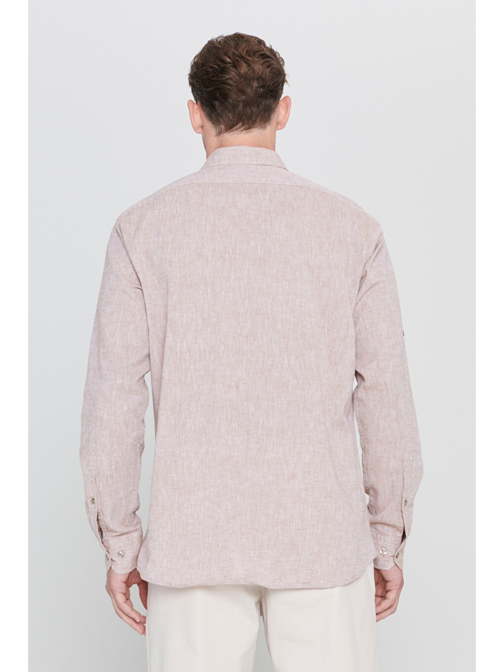 Kahverengi Erkek Camel Comfort Fit Rahat Kesim Düğmeli Yaka Casual Keten Gömlek-6