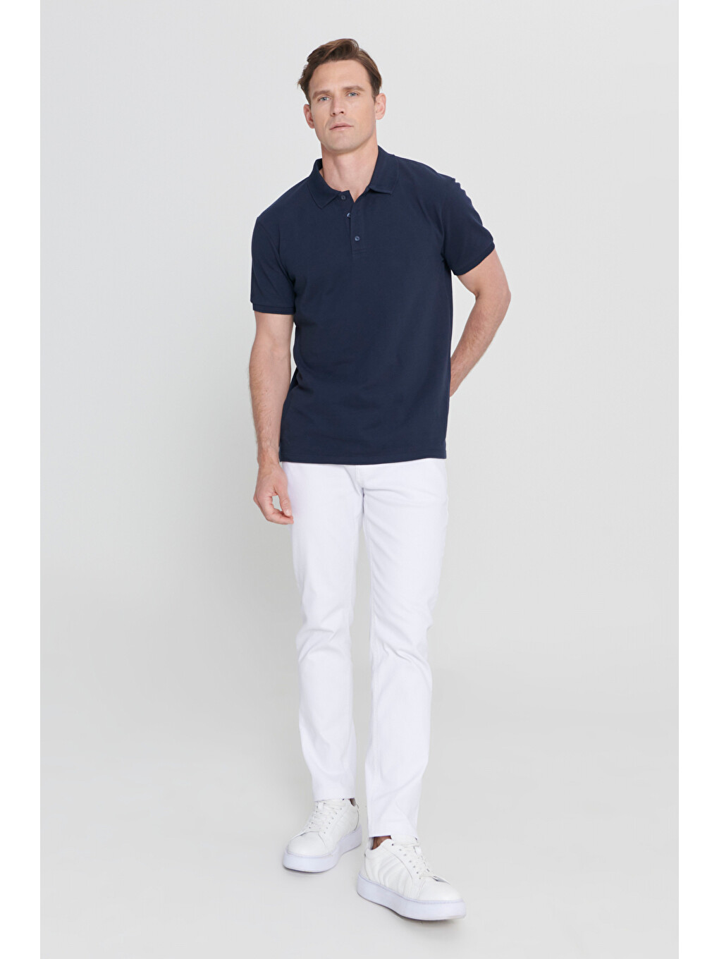 Erkek Prusya Lacivert Slim Fit Dar Kesim Polo Yaka %100 Pamuk Kısa Kollu Tişört-10