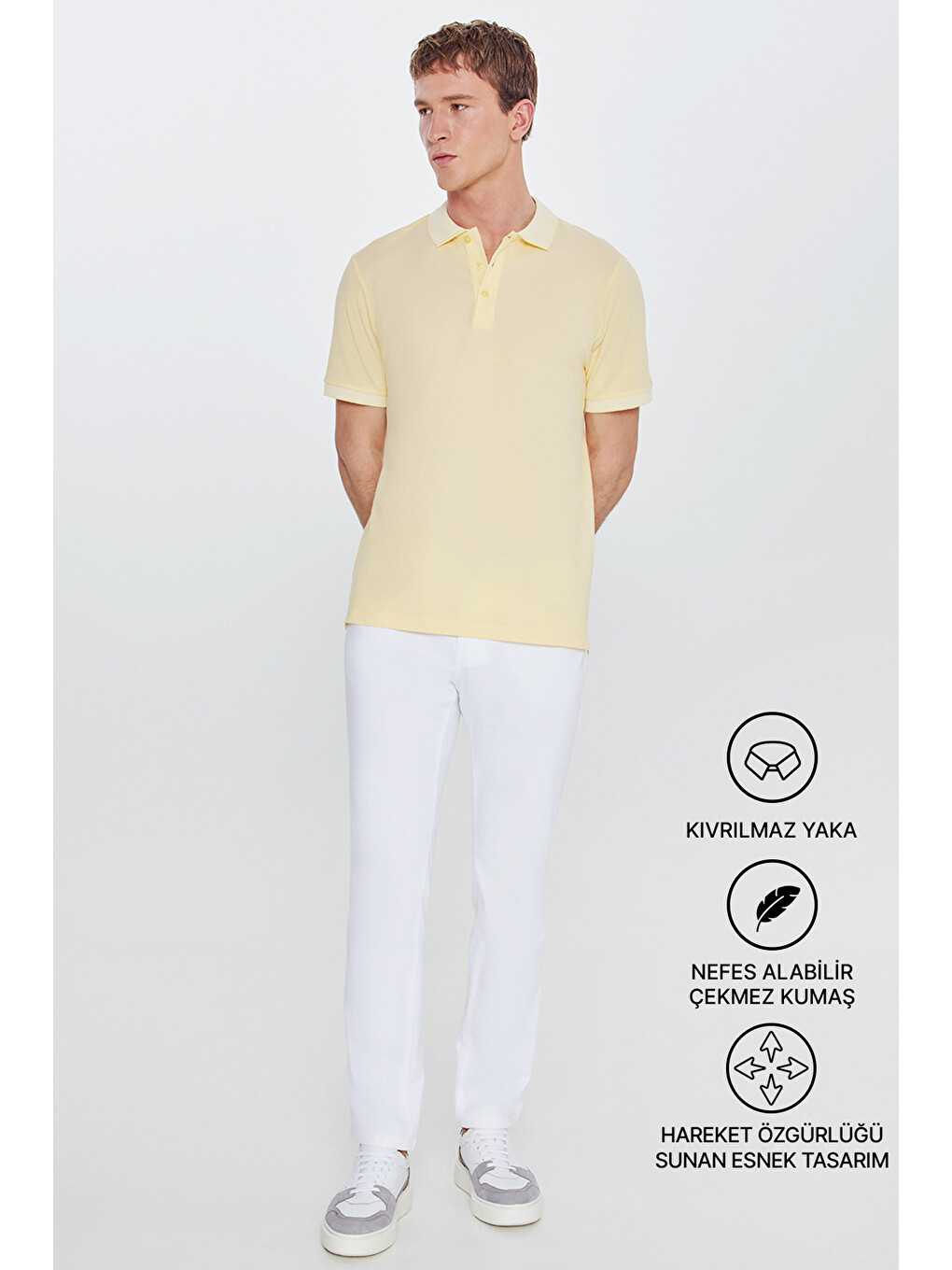 Erkek Sarı-Beyaz Slim Fit Dar Kesim Kıvrılmaz Polo Yaka Kısa Kollu Tişört