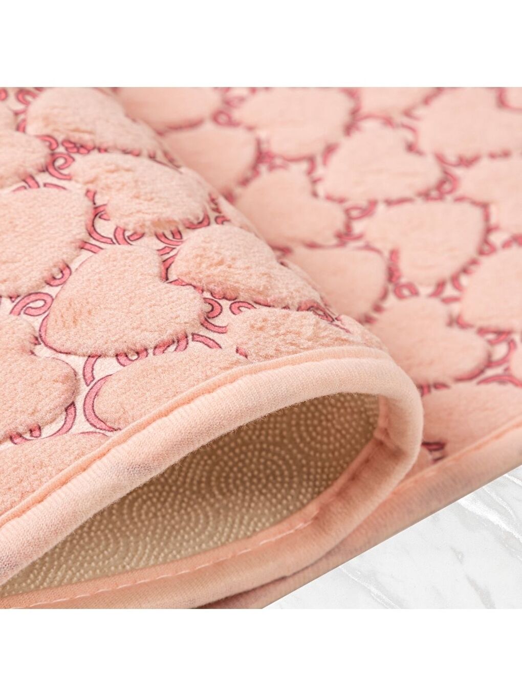 Pembe Leila Kalp Embos 2 li Banyo Paspası Pudra-3