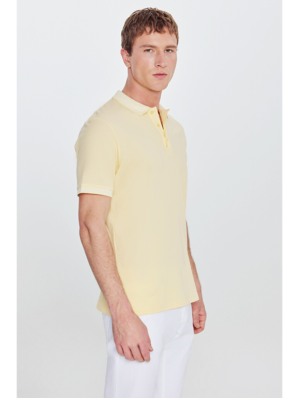 Erkek Sarı-Beyaz Slim Fit Dar Kesim Kıvrılmaz Polo Yaka Kısa Kollu Tişört-3