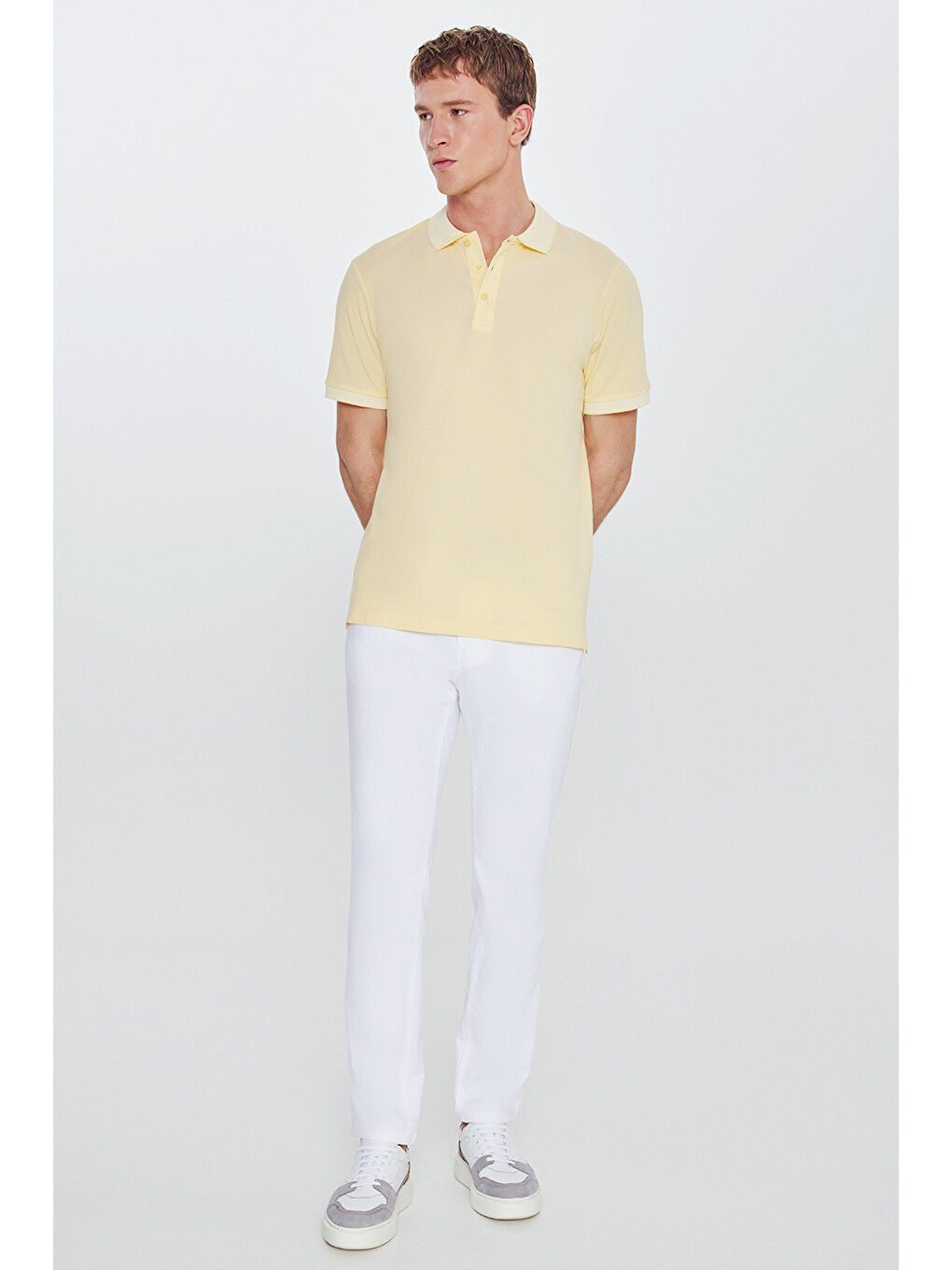 Erkek Sarı-Beyaz Slim Fit Dar Kesim Kıvrılmaz Polo Yaka Kısa Kollu Tişört-5