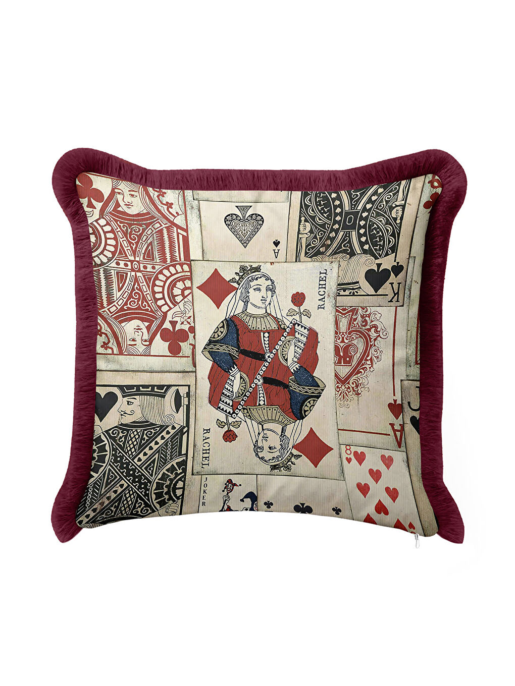 Karışık Vintage Oyun Kartları Saçaklı Yastık Kılıfı - Retro Stil Bordo Püsküllü Kırlent Kılıfı-1